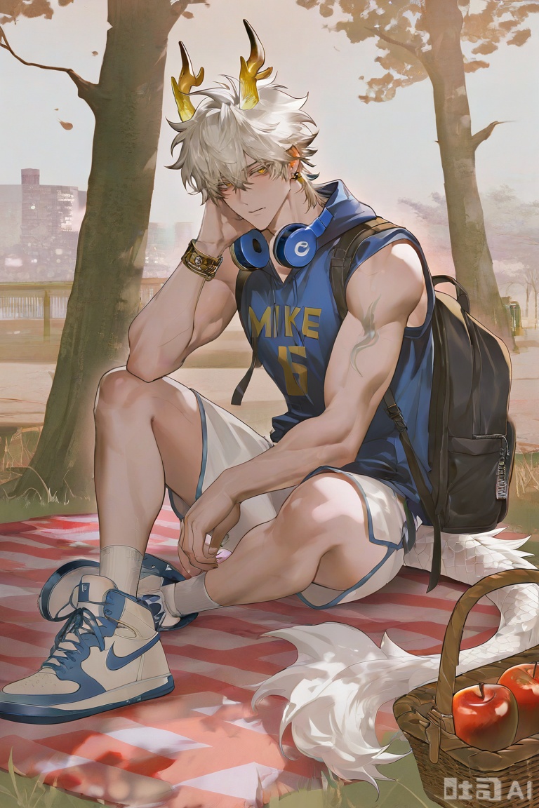,xiao zhi tiao,(artist:mazjojo:0.77), (artist:pigeon666:0.70), (artist:zawar379:0.83), (artist:remsrar:0.65), (artist:chimmyming:0.72),masterpiece,best quality,male focus,hd,4kamazing quality,very aesthetic,bust,high resolution,ultra-detailed,perfect lighting,volumetric lighting,


apple_tree_under_camping, sunny_day, dappled_sunlight, warm_glow,

boy_with_dog_ears, dog_tail, black_hair, Nike_white_socks,

pet_cat, cat_on_lap, squinting_smile, relaxed_posture,

wooden_camping_chair, picnic_blanket, basket_of_apples,

[材质与细节]
soft_furry_texture, detailed_dog_ear_tufts, smooth_skin,
Nike_logo_detail, cat_fur_detail, woven_blanket_texture,

[光影层次]
rim_light_around_hair, warm_shadow_under_chin,
diffused_sunlight_on_face, soft_apple_highlight,

[艺术风格]
realistic, detailed, warm_color_scheme, matte_skin_texture,
natural_lighting, soft_shadows, gentle_shading,


,xiaozhitiao,yu xuan,multicolored hair,White dragon tail,White dragon horns,sneakers,white shorts,headphones,tattoo,yellow eyes,white hair,1boy,blonde hair,bangs,white **** top,Yishu