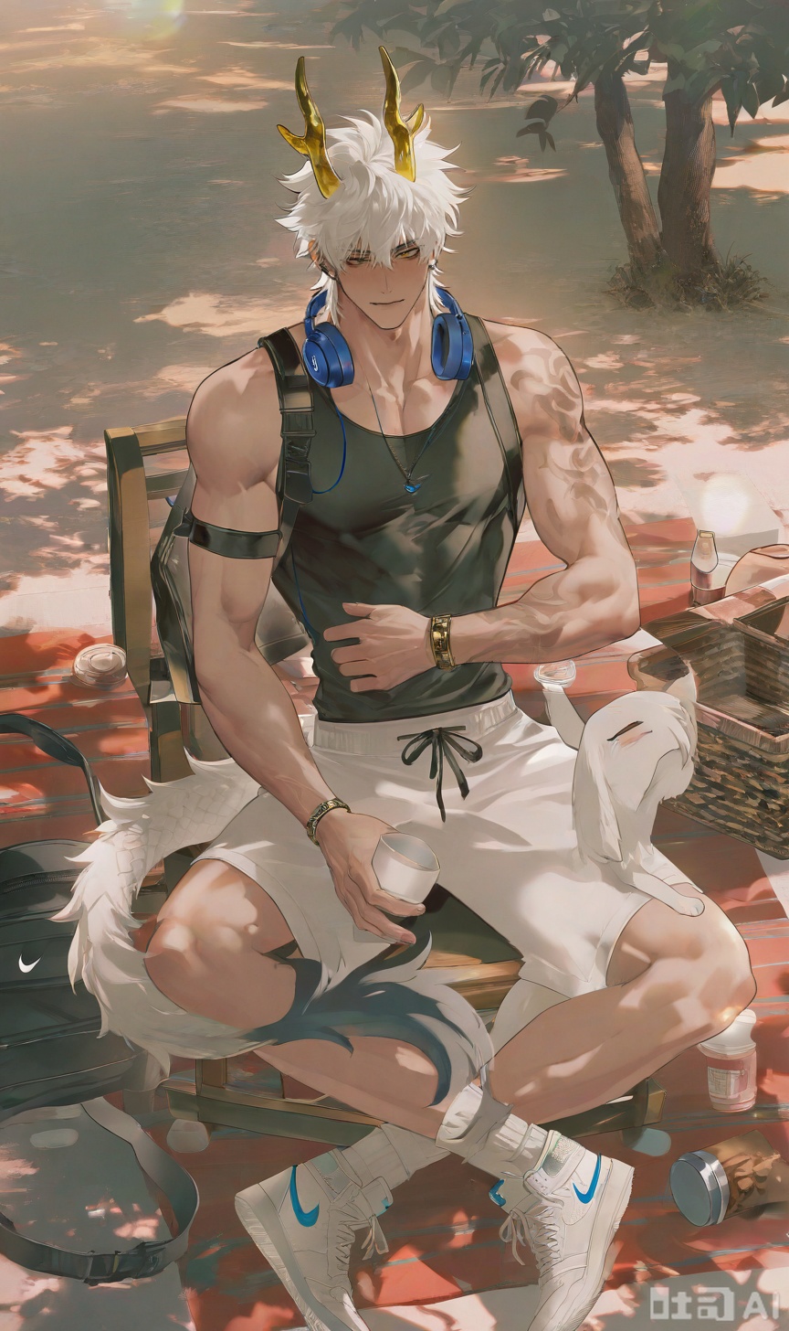 ,xiao zhi tiao,(artist:mazjojo:0.77), (artist:pigeon666:0.70), (artist:zawar379:0.83), (artist:remsrar:0.65), (artist:chimmyming:0.72),masterpiece,best quality,male focus,hd,4kamazing quality,very aesthetic,bust,high resolution,ultra-detailed,perfect lighting,volumetric lighting,


apple_tree_under_camping, sunny_day, dappled_sunlight, warm_glow,

boy_with_dog_ears, dog_tail, black_hair, Nike_white_socks,

pet_cat, cat_on_lap, squinting_smile, relaxed_posture,

wooden_camping_chair, picnic_blanket, basket_of_apples,

[材质与细节]
soft_furry_texture, detailed_dog_ear_tufts, smooth_skin,
Nike_logo_detail, cat_fur_detail, woven_blanket_texture,

[光影层次]
rim_light_around_hair, warm_shadow_under_chin,
diffused_sunlight_on_face, soft_apple_highlight,

[艺术风格]
realistic, detailed, warm_color_scheme, matte_skin_texture,
natural_lighting, soft_shadows, gentle_shading,


,xiaozhitiao,yu xuan,multicolored hair,White dragon tail,White dragon horns,sneakers,white shorts,headphones,tattoo,yellow eyes,white hair,1boy,blonde hair,bangs,white **** top,Yishu