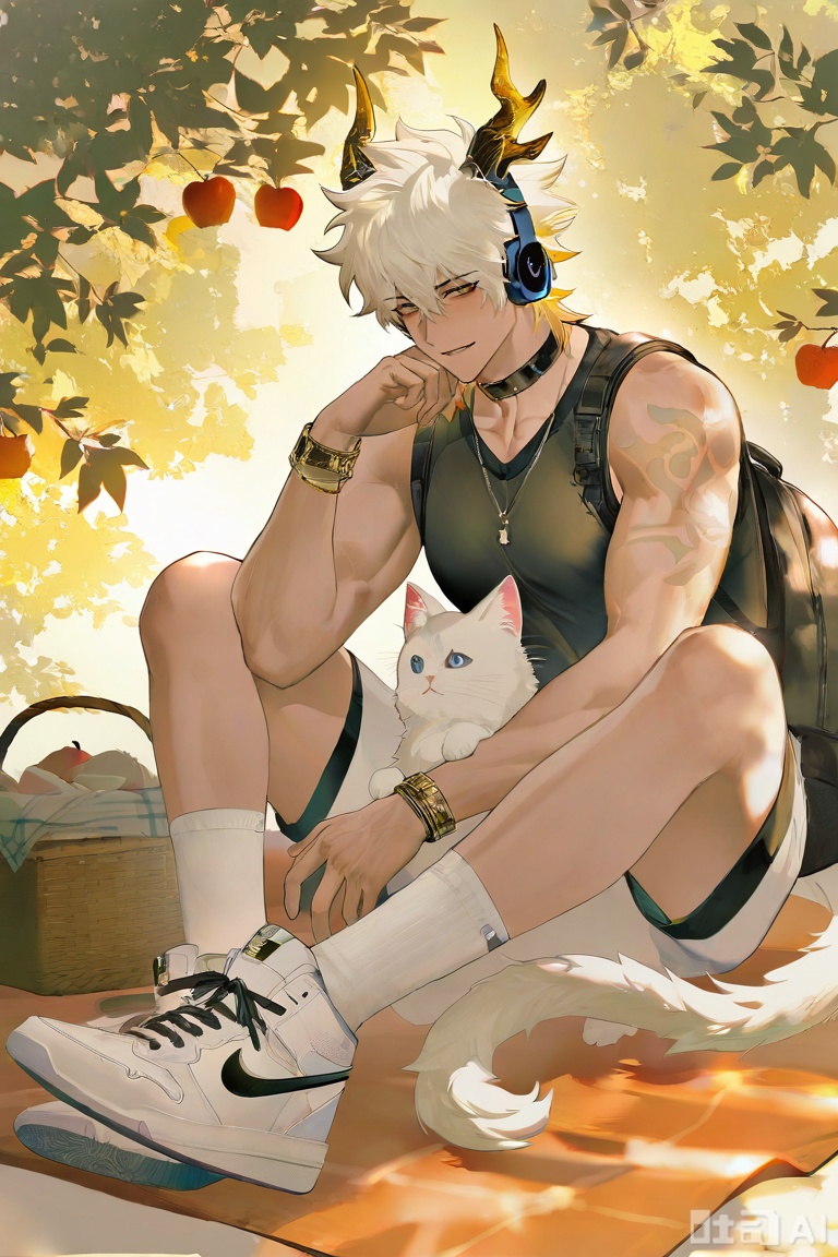 ,xiao zhi tiao,(artist:mazjojo:0.77), (artist:pigeon666:0.70), (artist:zawar379:0.83), (artist:remsrar:0.65), (artist:chimmyming:0.72),masterpiece,best quality,male focus,hd,4kamazing quality,very aesthetic,bust,high resolution,ultra-detailed,perfect lighting,volumetric lighting,


apple tree under camping,sunny day,dappled sunlight,warm glow,
,
boy with dog ears,dog tail,Nike white socks,
,
pet cat,cat on lap,squinting smile,relaxed posture,
,
wooden camping chair,picnic blanket,basket of apples,
,
[材质与细节],
soft furry texture,detailed dog ear tufts,smooth skin,
Nike logo detail,cat fur detail,woven blanket texture,
,
[光影层次],
rim light around hair,warm shadow under chin,
diffused sunlight on face,soft apple highlight,
,
[艺术风格],
realistic,detailed,warm color scheme,matte skin texture,
natural lighting,soft shadows,gentle shading


,xiaozhitiao,yu xuan,multicolored hair,White dragon tail,White dragon horns,sneakers,white shorts,headphones,tattoo,yellow eyes,white hair,1boy,blonde hair,bangs,white **** top,Yishu