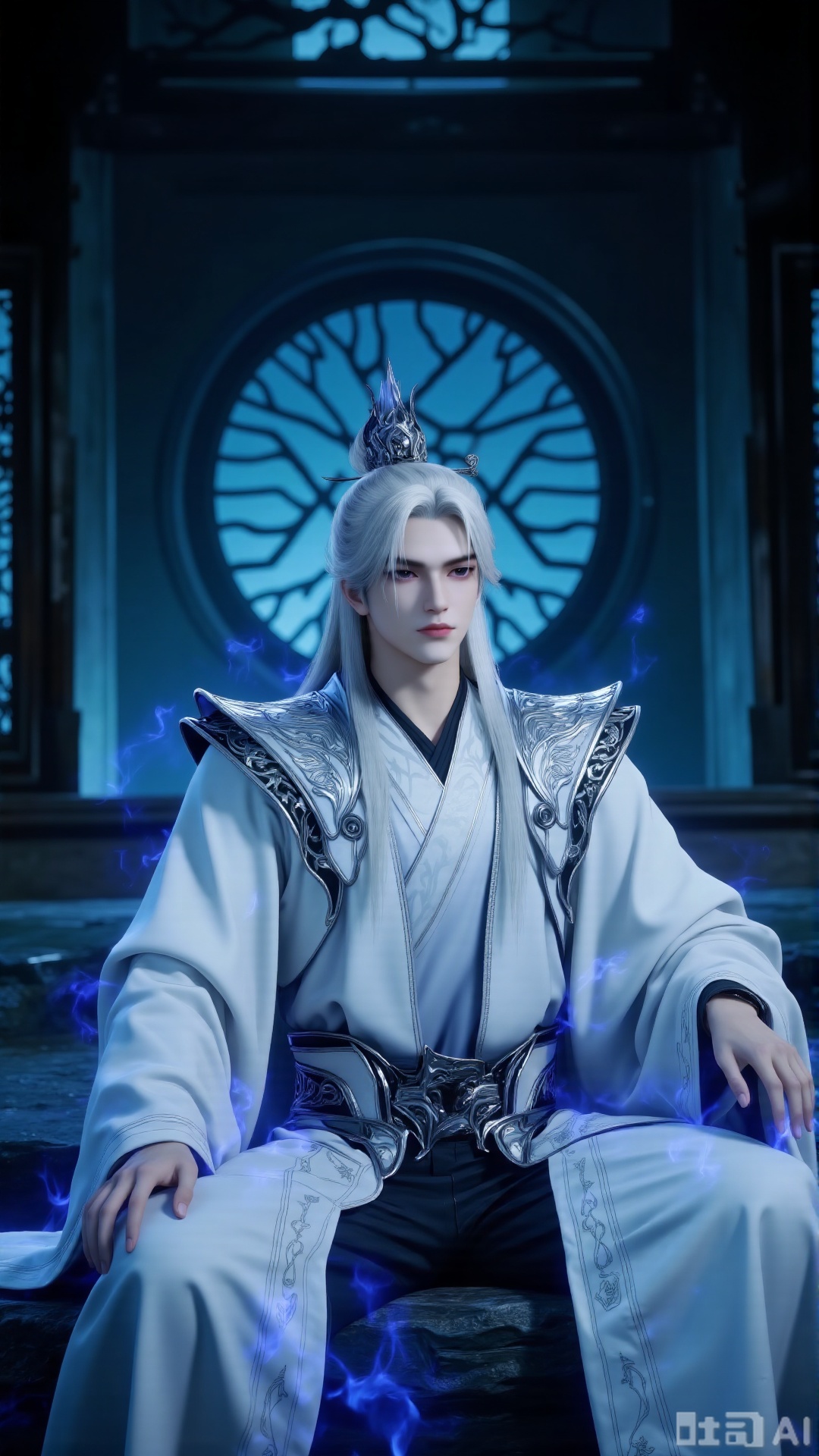 A male character in the style of ancient Chinese Xianxia (immortal heroes). He has white hair tied up in a crown. He is dressed in magnificent traditional Xianxia attire in white, with exquisite dark patterns and metallic - textured decorations on the clothing. He is in a sitting - meditation posture for cultivation. The surrounding environment is a cold and quiet ancient - style interior, featuring Chinese architectural elements such as a circular window lattice. The atmosphere is mysterious and tranquil, with fantastic blue - light special effects.