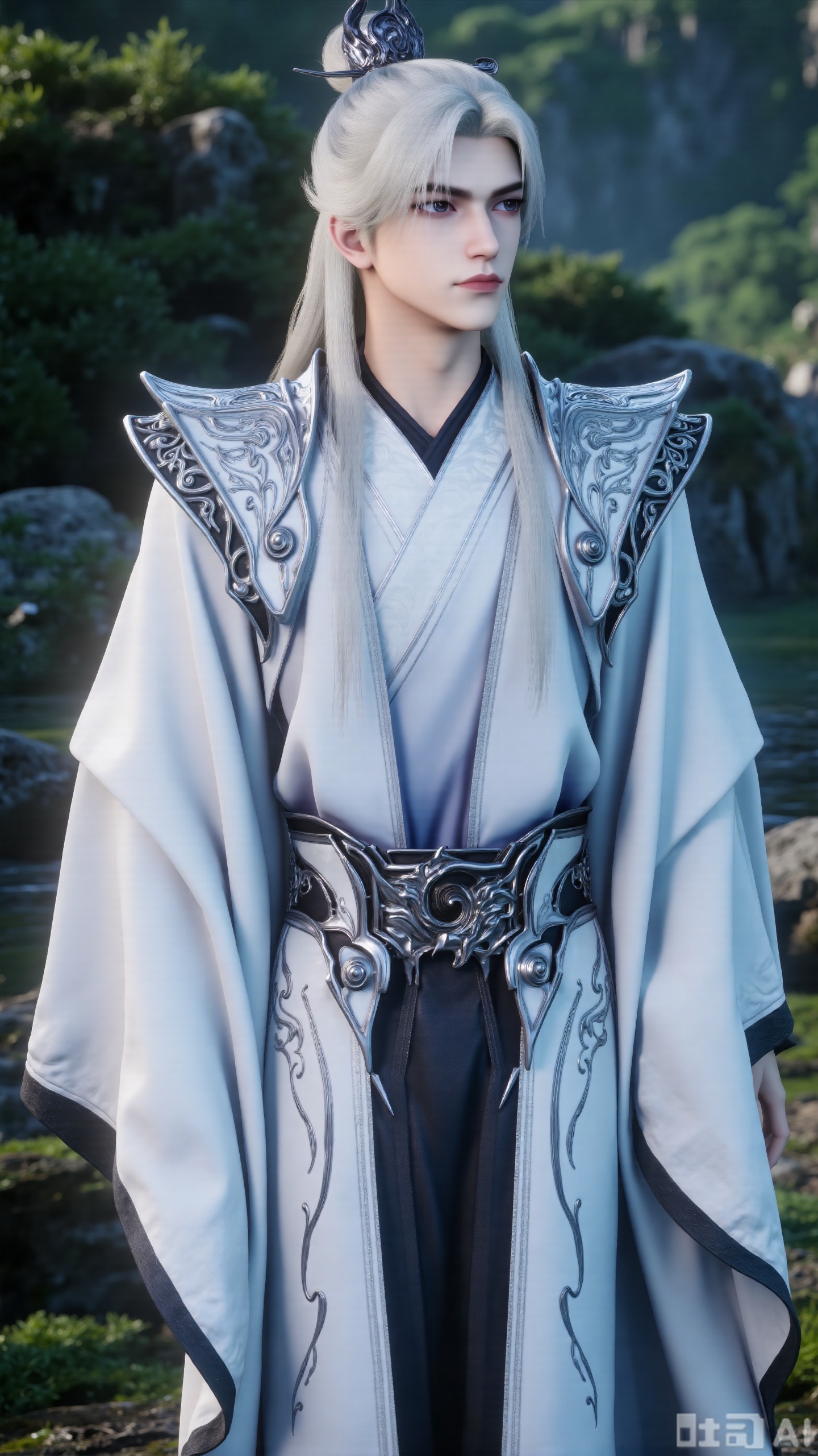 “3D anime style, handsome male character with long white hair tied up, wearing ancient Chinese style white robe with black patterns and intricate armor - like shoulder decorations, elaborate waist belt, serene and noble temperament, in a natural outdoor setting with lush greenery and soft - focused background, highly detailed, cinematic lighting,3d_character_1boy_wl