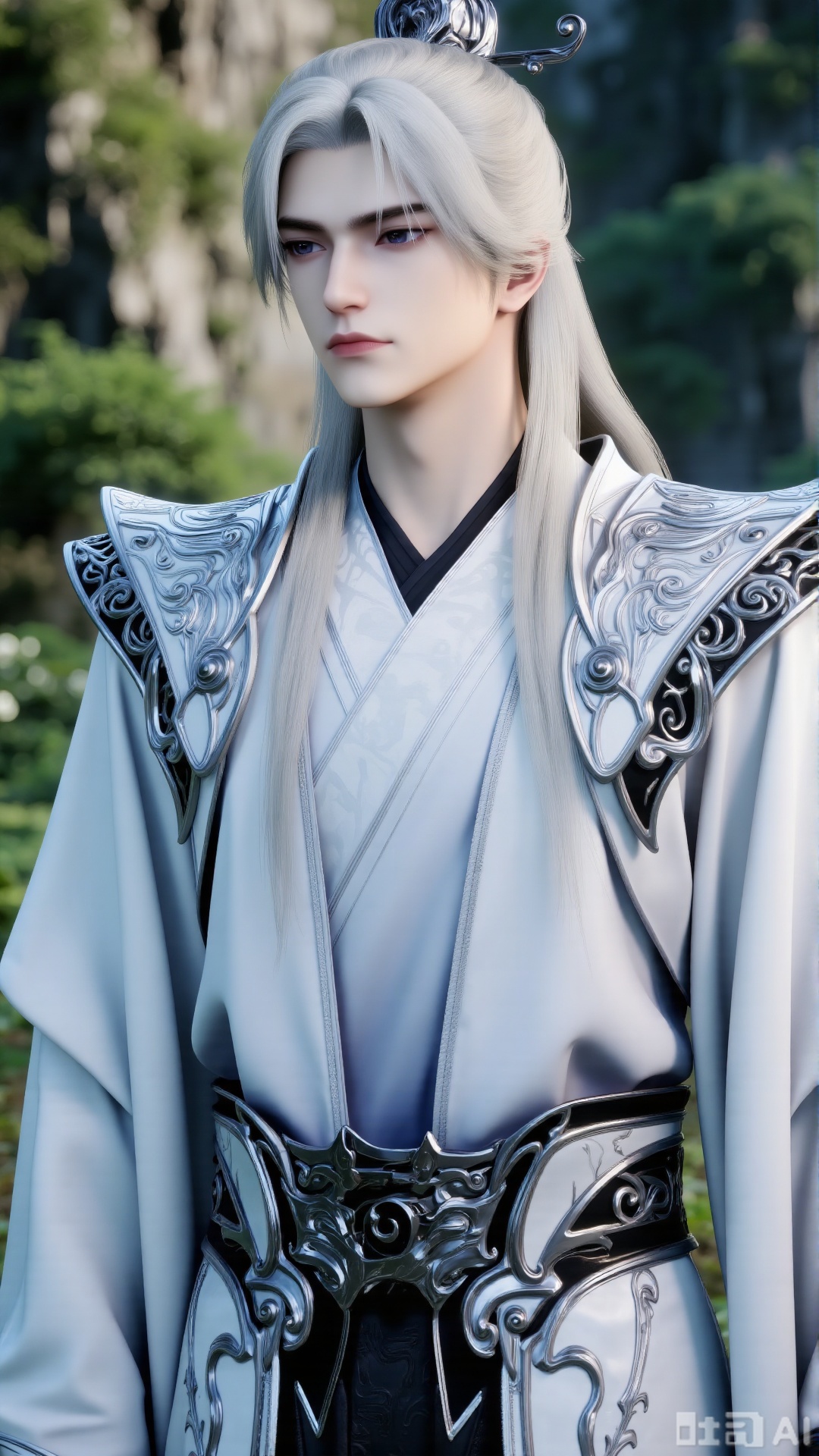 “3D anime style, handsome male character with long white hair tied up, wearing ancient Chinese style white robe with black patterns and intricate armor - like shoulder decorations, elaborate waist belt, serene and noble temperament, in a natural outdoor setting with lush greenery and soft - focused background, highly detailed, cinematic lighting,3d_character_1boy_wl