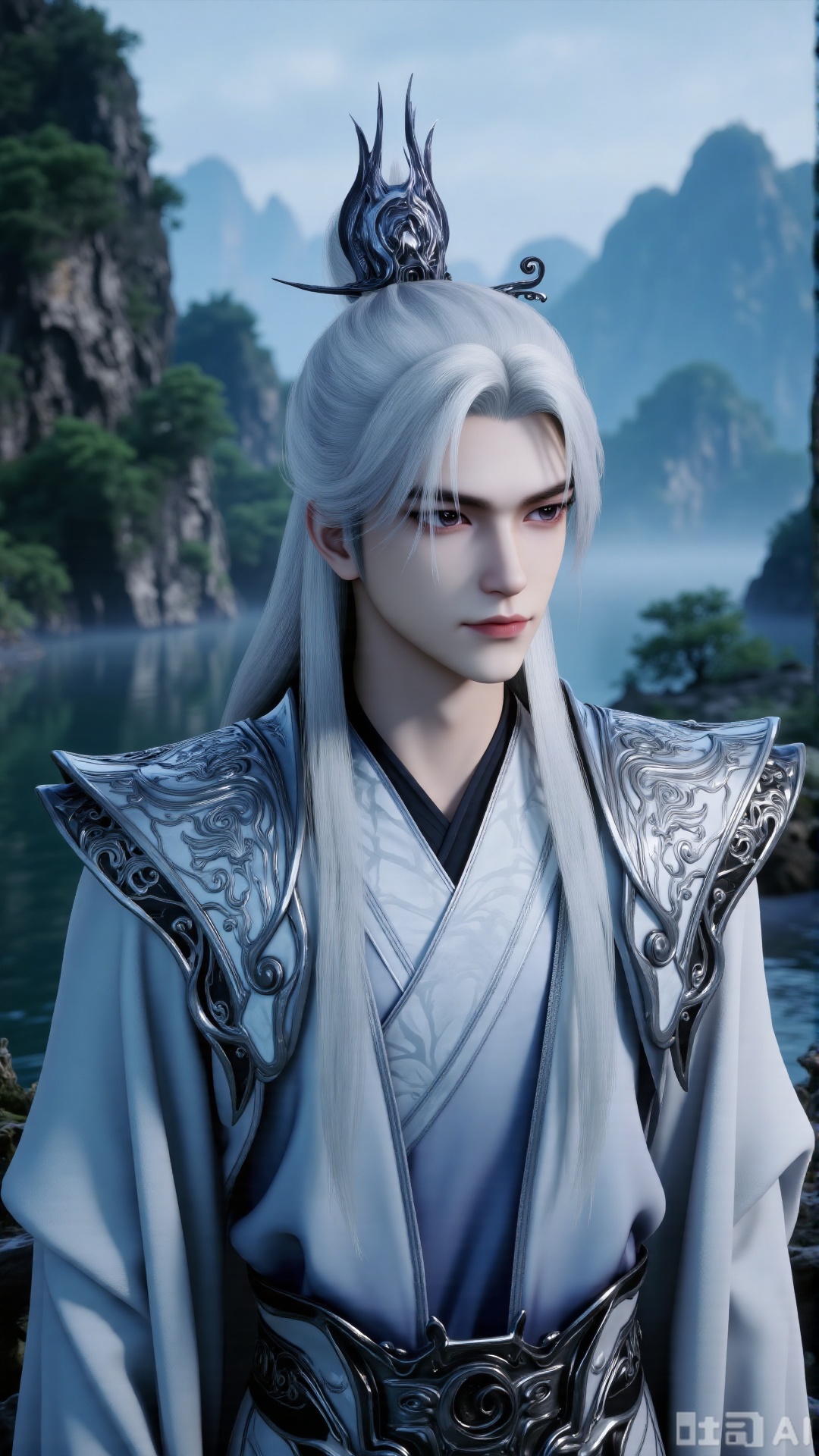 Chinese Xianxia man, long white hair + metal crown, flowing light gray robe (silk texture, silver dark patterns), detailed shoulder armor (carved designs, metallic sheen), traditional Chinese mountain - river background (mist, green peaks, like ancient scroll painting), 3D animation rendering, cinematic lighting, highly detailed, --ar 9:16 --v 6