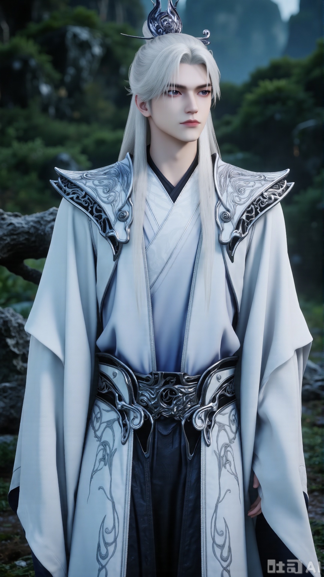 “3D anime style, handsome male character with long white hair tied up, wearing ancient Chinese style white robe with black patterns and intricate armor - like shoulder decorations, elaborate waist belt, serene and noble temperament, in a natural outdoor setting with lush greenery and soft - focused background, highly detailed, cinematic lighting,3d_character_1boy_wl