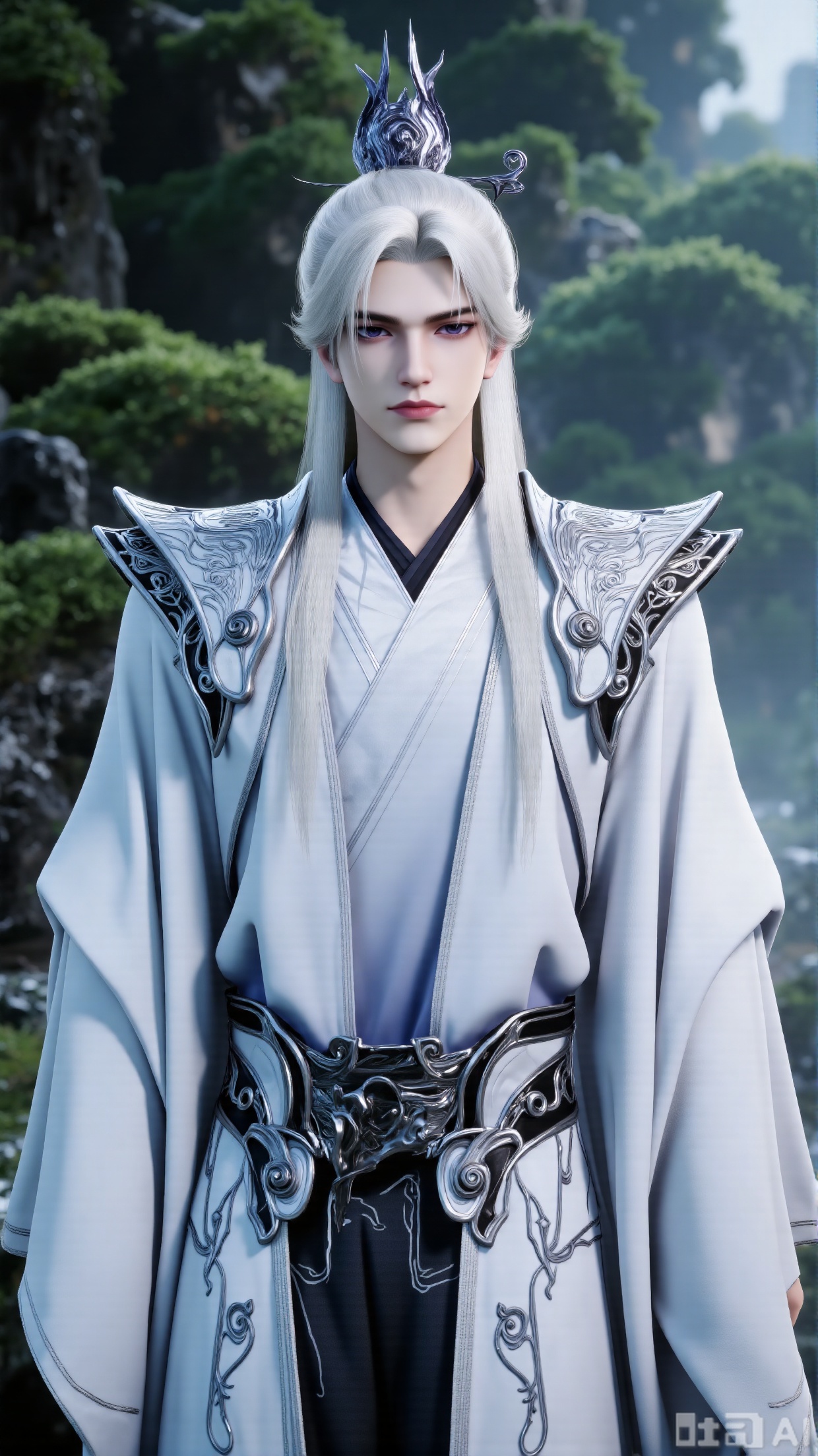 “3D anime style, handsome male character with long white hair tied up, wearing ancient Chinese style white robe with black patterns and intricate armor - like shoulder decorations, elaborate waist belt, serene and noble temperament, in a natural outdoor setting with lush greenery and soft - focused background, highly detailed, cinematic lighting,3d_character_1boy_wl