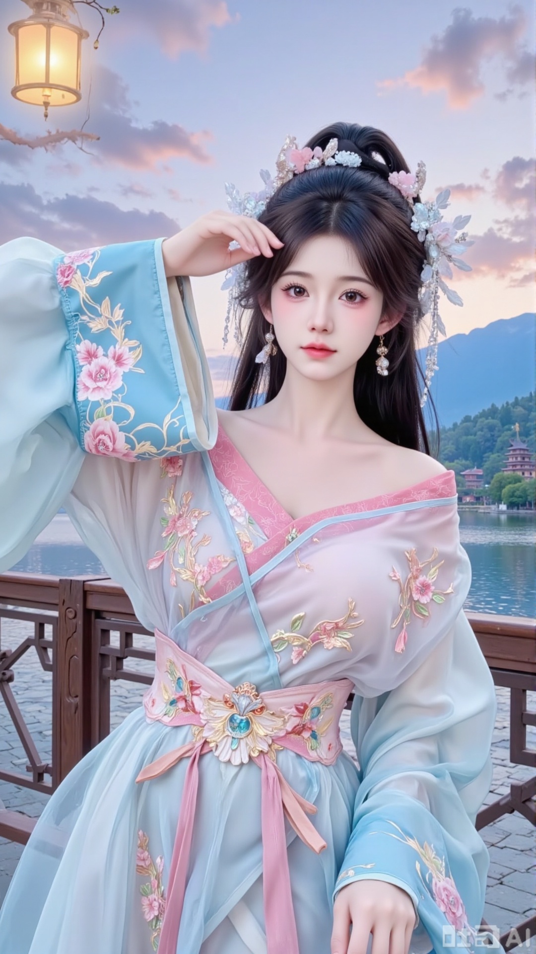 (masterpiece, best quality:1.2),1 girl, solo, long hair, black hair, hair accessories, clothing, cleavage cuts, long dress, jewelry, upper body, earrings. Background is outdoor, sky, clouds, water, trees, architecture, landscape, lantern, mountain, dragon, architecture, bridge, east Asian architecture, fog, pagoda,,(huge breasts:2.99),(full breasts:2.99),XyunxiaoYH3,Xfenlanzhanguopao,XbaifengsongyuYH