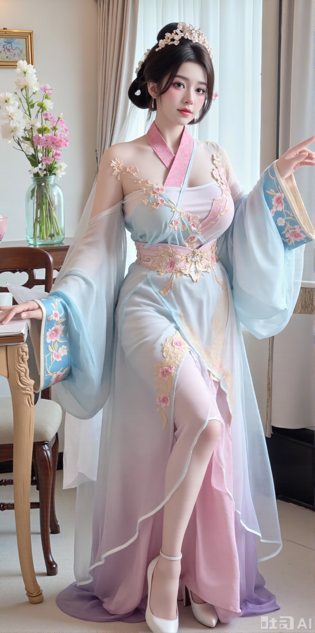 (masterpiece:1.2),Ultra clear, 8k, 1girl, solo, long hair, looking at viewer, bangs,long dress,, bare shoulders, jewelry, black hair, standing, purple eyes, full body, flower, thighs, indoors, hair bun, long dress, high heels, cup, see-through, book, bare legs, window, table, white footwear, standing on one leg, curtains, pink flower, side slit, vase, ,(huge breasts:2.99),(full breasts:2.99),XyunxiaoYH3,Xfenlanzhanguopao,XbaifengsongyuYH,Xbigbreasts,XLiquidGlass