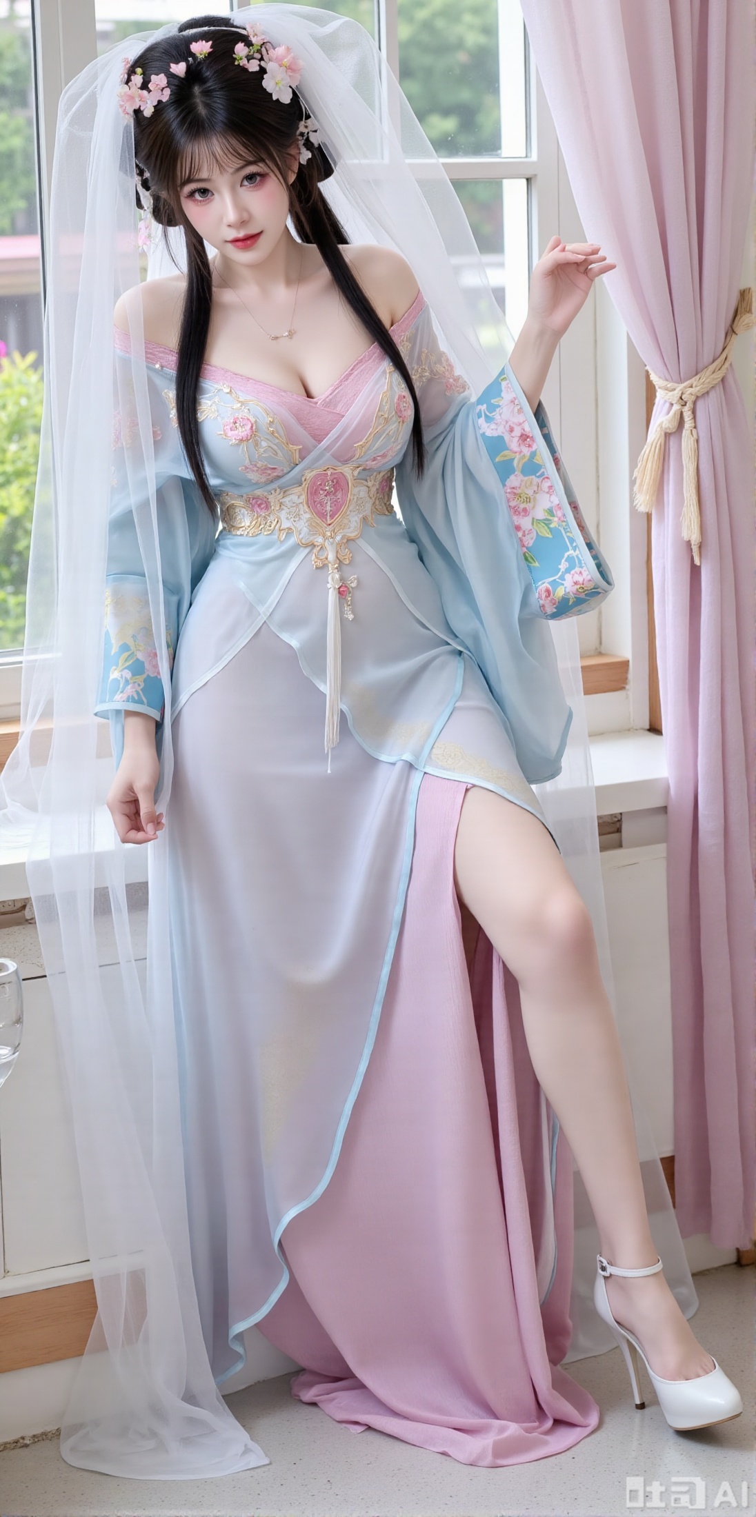 (masterpiece:1.2),Ultra clear, 8k, 1girl, solo, long hair, looking at viewer, bangs,long dress,, bare shoulders, jewelry, black hair, standing, purple eyes, full body, flower, thighs, indoors, hair bun, long dress, high heels, cup, see-through, book, bare legs, window, table, white footwear, standing on one leg, curtains, pink flower, side slit, vase, ,(huge breasts:2.99),(full breasts:2.99),XyunxiaoYH3,Xfenlanzhanguopao,XbaifengsongyuYH,Xbigbreasts,XLiquidGlass