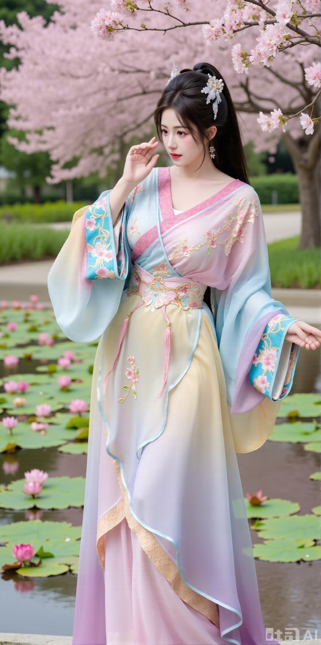 (masterpiece, best quality:1.2),1girl, navel, solo, midriff, bare shoulders, hair ornament,(long hair),(High double ponytail:1.49), red lips, BREAK, (looking at viewer:1.39), chinese clothes,(Holographic Color long dress:1.36), (lace,Rainbow Gradient Color:1.28), BREAK,blurry, solo focus, long hair, lips, daytime, lipstick, outdoors, standing,upper body,(huge breasts:2.89), background, solo, makeup,(Stockings, high heels:1.29),(huge breasts:2.99),(full breasts:2.99),,(Background with lotus pond and pink lotus flowers:1.39),XyunxiaoYH3,Xfenlanzhanguopao,XbaifengsongyuYH,Xbigbreasts,XLiquidGlass