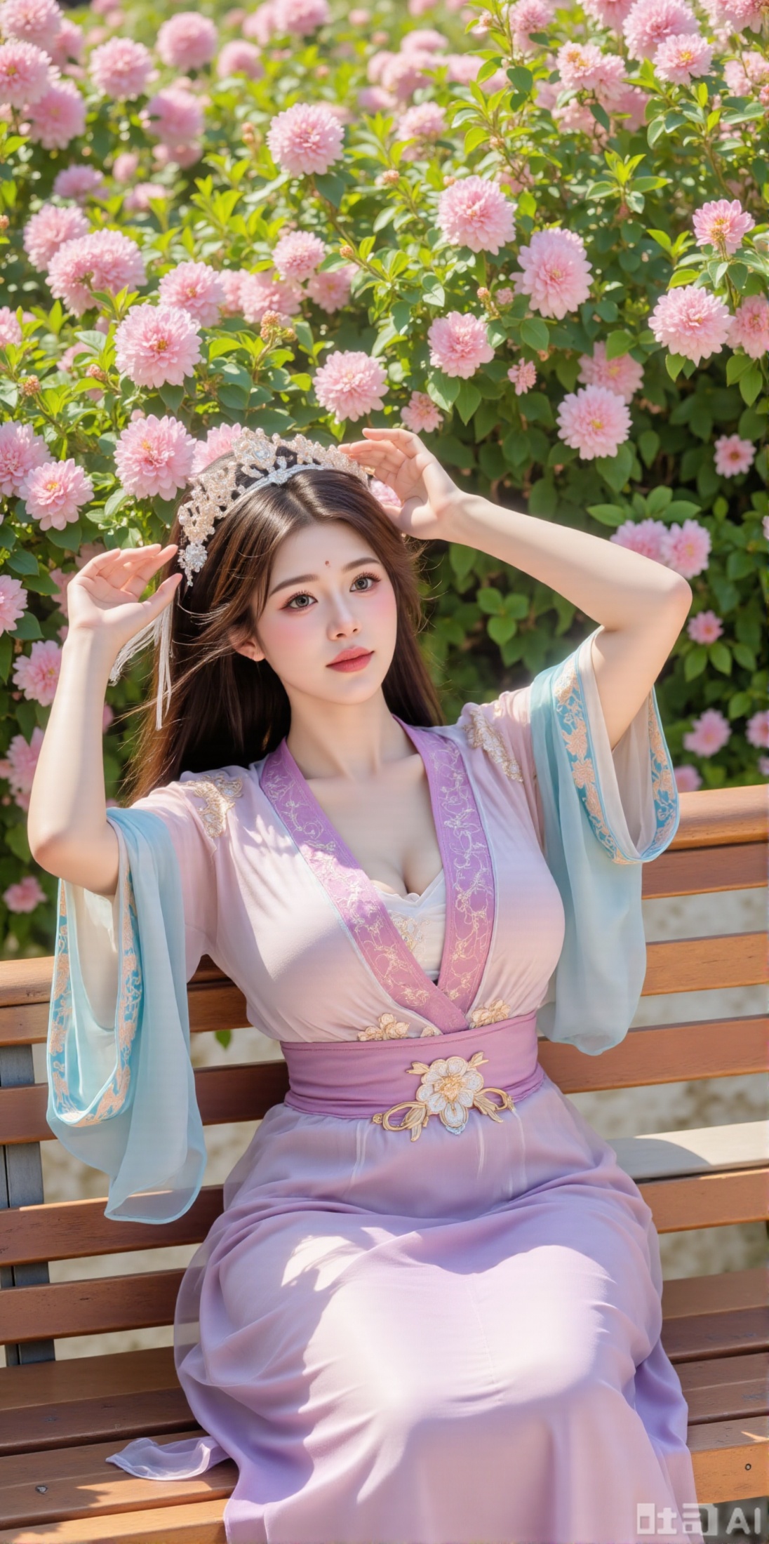 (masterpiece, best quality:1.2),A beauty ,( long dress),Leaning on a garden bench filled with macaron - colored flowers,.Sunlight filters through the leaves onto her face, creating a lazy and gentle atmosphere, and her skirt sways softly in the breeze. 8K resolution, detailed texture of knitted fabric, lustrous pearl texture, vivid flower colors, soft natural light, Instagram - style filter texture.,(huge breasts:2.99),(full breasts:2.99),XyunxiaoYH3,Xfenlanzhanguopao,XbaifengsongyuYH,Xbigbreasts,XLiquidGlass