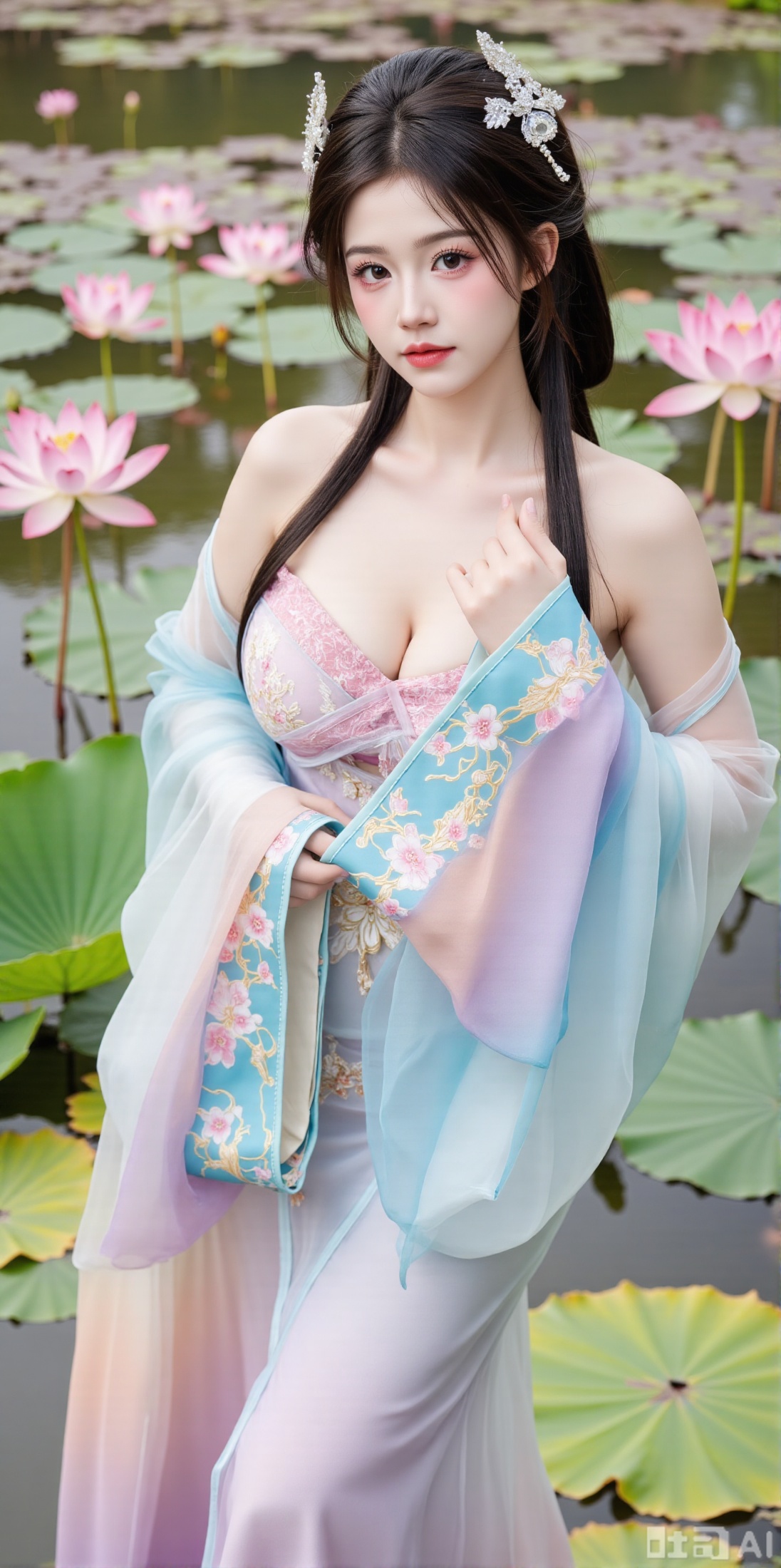 (masterpiece, best quality:1.2),1girl, navel, solo, midriff, bare shoulders, hair ornament,(long hair),(High double ponytail:1.49), red lips, BREAK, (looking at viewer:1.39), chinese clothes,(Holographic Color long dress:1.36), (lace,Rainbow Gradient Color:1.28), BREAK,blurry, solo focus, long hair, lips, daytime, lipstick, outdoors, standing,upper body,(huge breasts:2.89), background, solo, makeup,(Stockings, high heels:1.29),(huge breasts:2.99),(full breasts:2.99),,(Background with lotus pond and pink lotus flowers:1.39),XyunxiaoYH3,Xfenlanzhanguopao,XbaifengsongyuYH,Xbigbreasts,XLiquidGlass