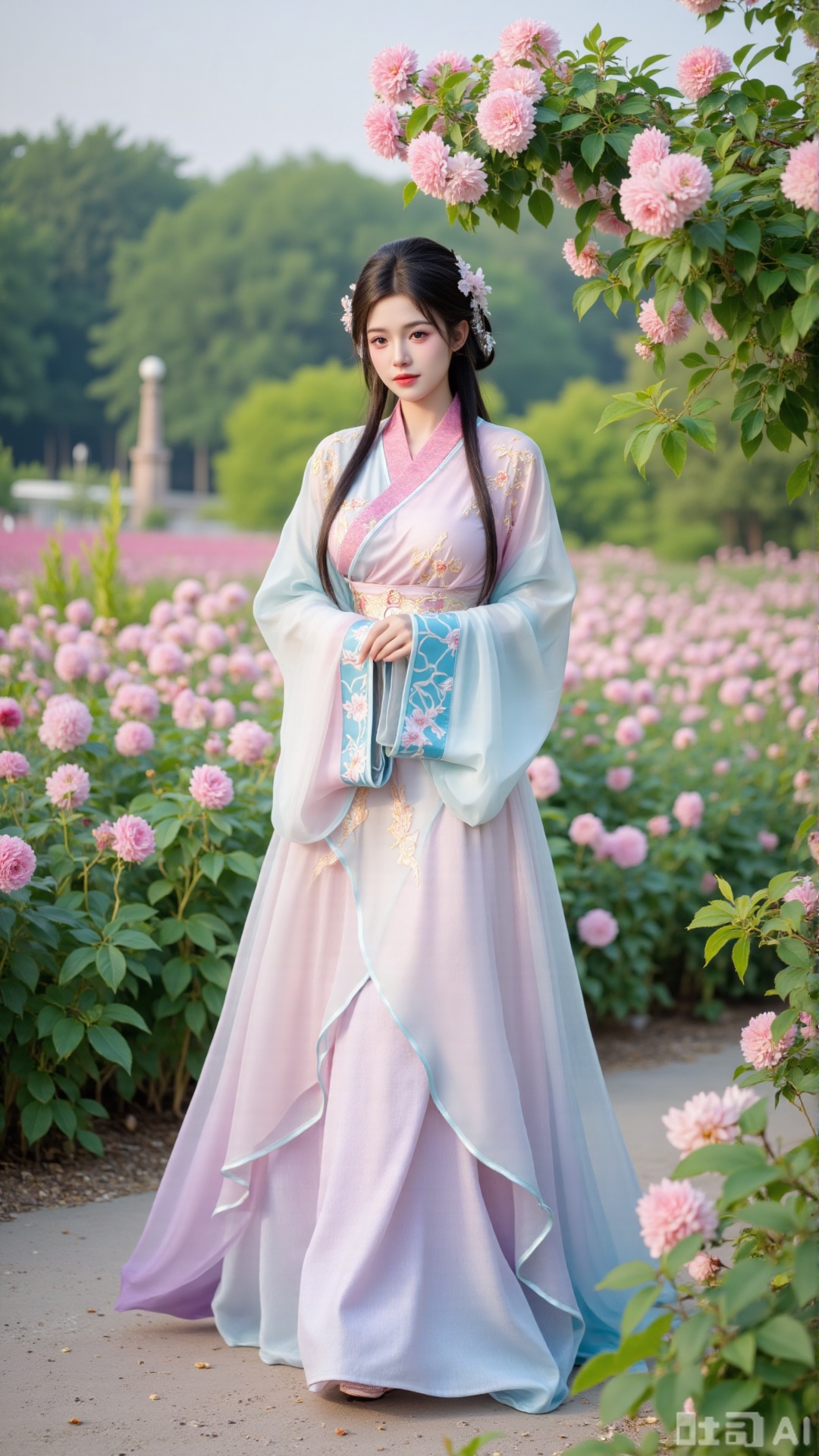  (masterpiece:1.2),best quality,,A woman ,(long dress),A garden filled with pink roses and lush greenery. Soft pastel hues of white,blue,and green,creating a serene atmosphere. Photorealistic photography.,,(huge breasts:2.99),(full breasts:2.99),,XyunxiaoYH3,Xfenlanzhanguopao,XbaifengsongyuYH,Xbigbreasts,XLiquidGlass