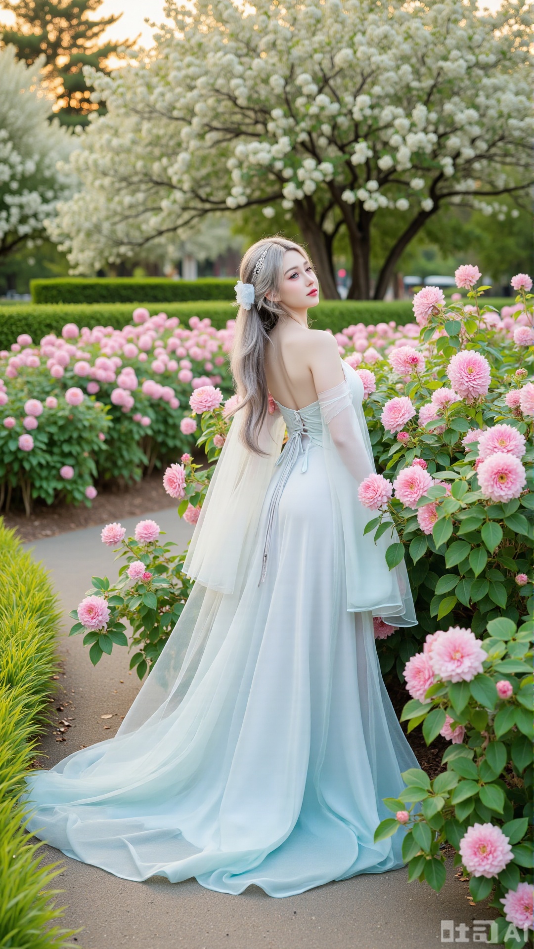  (masterpiece:1.2),best quality,,A woman ,(long dress),A garden filled with pink roses and lush greenery. Soft pastel hues of white,blue,and green,creating a serene atmosphere. Photorealistic photography.,,(huge breasts:2.99),(full breasts:2.99),,XyunxiaoYH3,Xfenlanzhanguopao,XbaifengsongyuYH,Xbigbreasts,XLiquidGlass