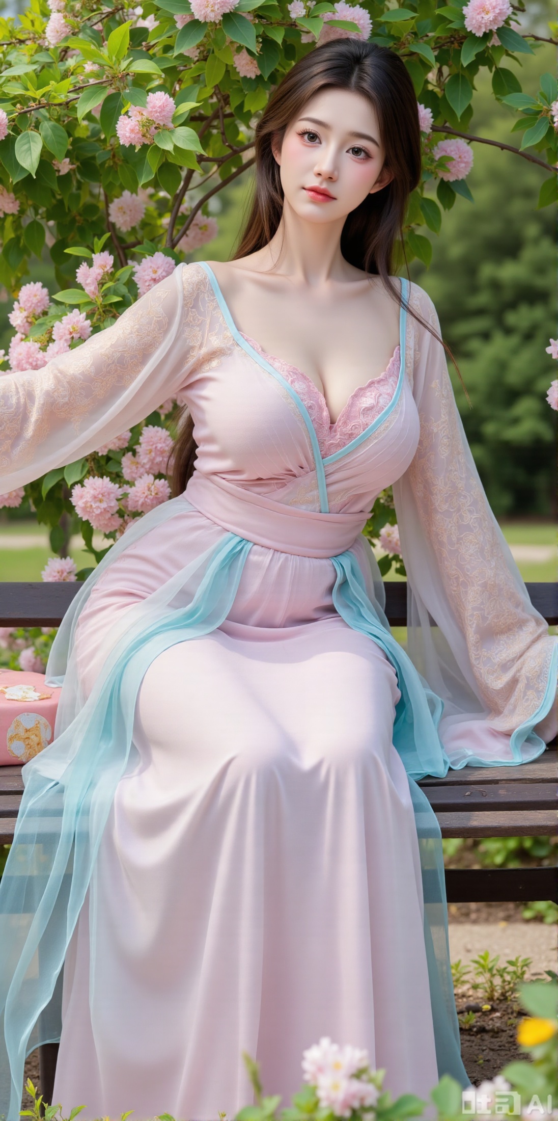 A beauty ,  ( long dress),  Leaning on a garden bench filled with macaron - colored flowers on Tensor.Art