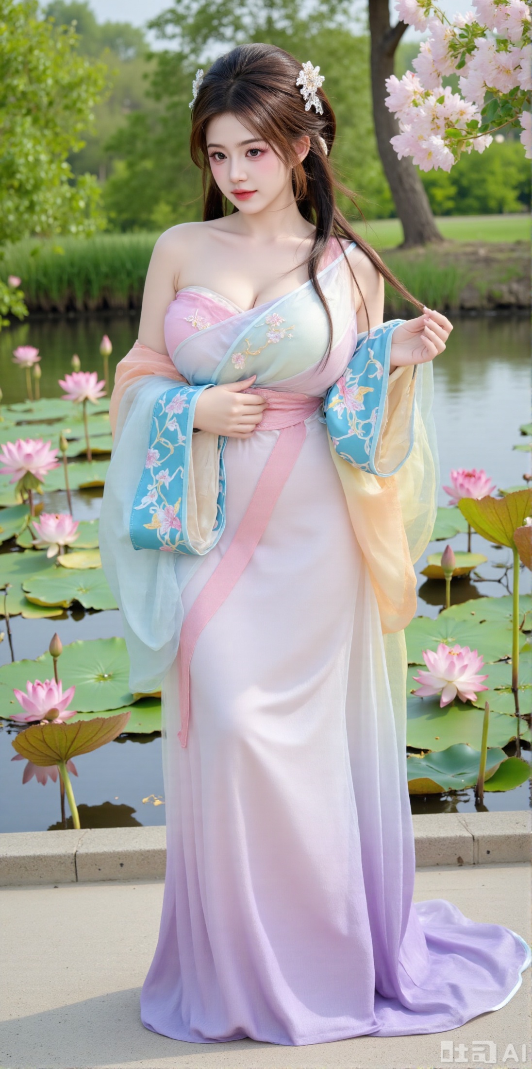(masterpiece, best quality:1.2),1girl, navel, solo, midriff, bare shoulders, hair ornament,(long hair),(High double ponytail:1.49), red lips, BREAK, (looking at viewer:1.39), chinese clothes,(Holographic Color long dress:1.36), (lace,Rainbow Gradient Color:1.28), BREAK,blurry, solo focus, long hair, lips, daytime, lipstick, outdoors, standing,upper body,(huge breasts:2.89), background, solo, makeup,(Stockings, high heels:1.29),(huge breasts:2.99),(full breasts:2.99),,(Background with lotus pond and pink lotus flowers:1.39),XyunxiaoYH3,Xfenlanzhanguopao,XbaifengsongyuYH,Xbigbreasts,XLiquidGlass