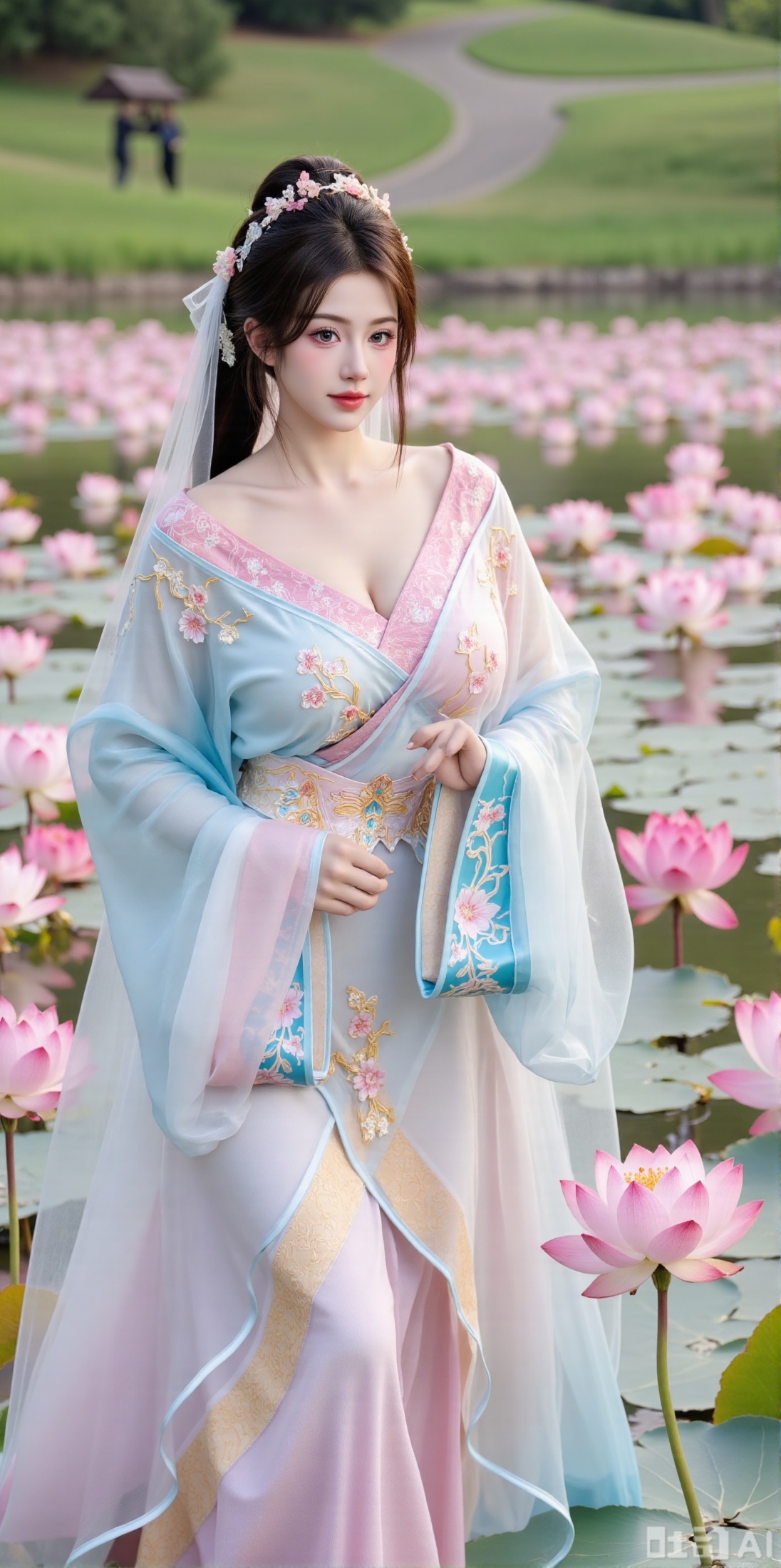 (masterpiece, best quality:1.2),1girl, navel, solo, midriff, bare shoulders, hair ornament,(long hair),(High double ponytail:1.49), red lips, BREAK, (looking at viewer:1.39), chinese clothes,(Holographic Color long dress:1.36), (lace,Rainbow Gradient Color:1.28), BREAK,blurry, solo focus, long hair, lips, daytime, lipstick, outdoors, standing,upper body,(huge breasts:2.89), background, solo, makeup,(Stockings, high heels:1.29),(huge breasts:2.99),(full breasts:2.99),,(Background with lotus pond and pink lotus flowers:1.39),XyunxiaoYH3,Xfenlanzhanguopao,XbaifengsongyuYH,Xbigbreasts,XLiquidGlass