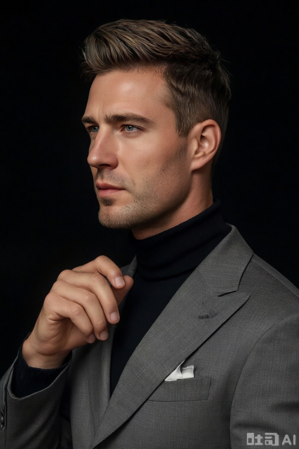 Tyndall effect,A mature and stylish man in his 30s, with a tough outline and short, stylish haircut, stands in a contemplative posture. His silhouette is against a pure black background, emphasizing his form. The composition focuses on his face, hands, and tight-fitting black turtleneck.  The picture style is simple and high-end, with a strong sense of light and shadow, highlighting the materials and fit of his clothes. No excess decoration; the background remains pure black.xnz,omxn,jzbj
