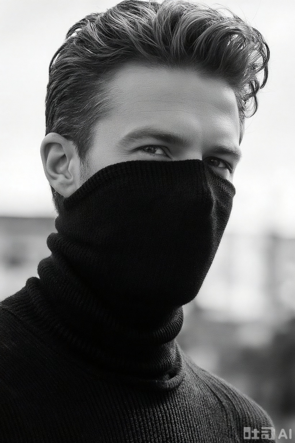 xnz,omxn, A man in a black Turtleneck, close - up composition, side light highlights contours, simple and fashionable style.