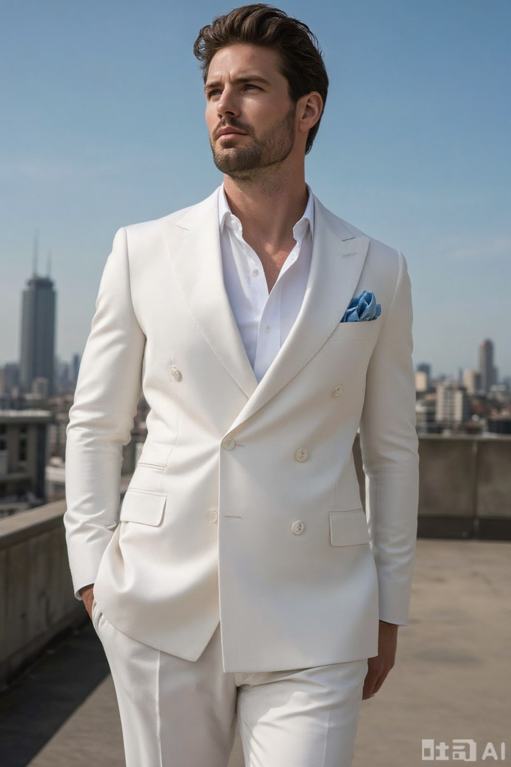 On the top terrace of the urban office building, the male model shows a confident aura. He is wearing a white Italian-style suit. The slim cut outlines the perfect body proportions, and a light blue handkerchief is neatly folded and placed in the pocket of the suit jacket. Facing the gentle breeze, he puts his hands in his pockets and walks forward with big strides, each step firm and powerful. Looking up at the blue sky, the sunlight shines on his face, outlining his distinct features. His hair flutters in the wind, and behind him are row upon row of high-rise buildings. It seems that the whole city is his stage, and he is the leading role in control of the whole scene, showing his boldness and freedom.,xnz,wjc,omxn