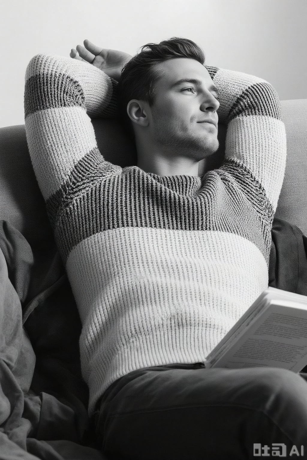xnz,omxn, A man in a striped sweater lies on a sofa, hands behind head, holding a book. Black - and - white tone, close - up composition. Soft light creates a lazy atmosphere. Casual and literary style, simple background.