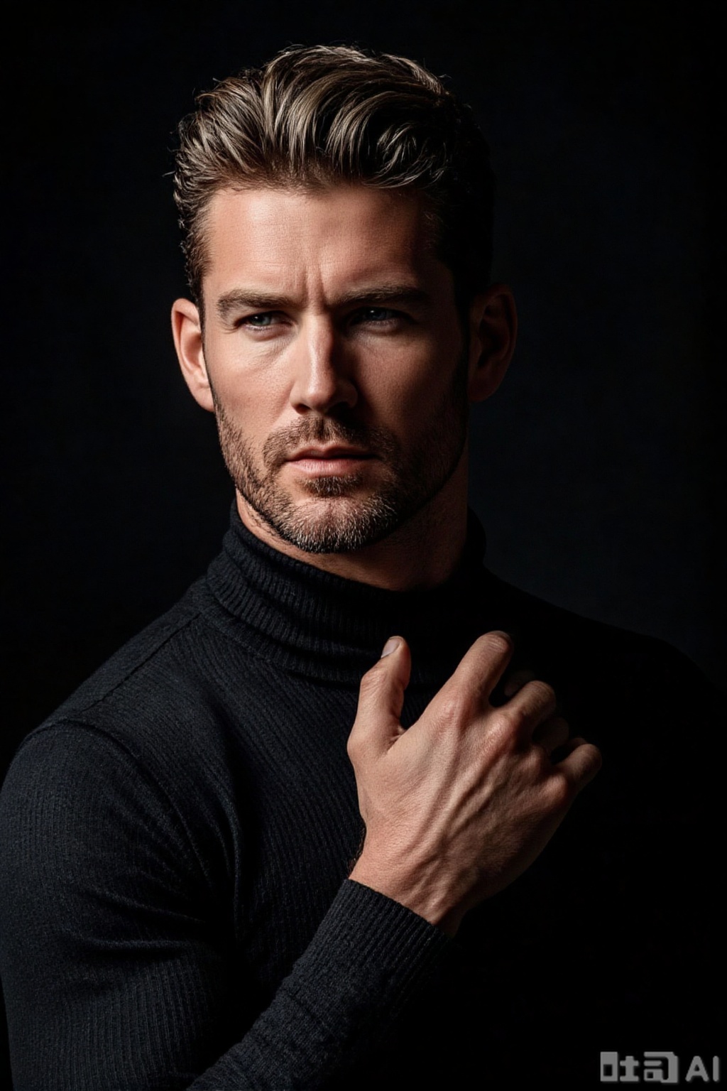 A mature and stylish man in his 30s, with a tough outline and short, stylish haircut, stands in a contemplative posture. His silhouette is against a pure black background, emphasizing his form. The composition focuses on his face, hands, and tight-fitting black turtleneck. High contrast light and shadow create a mysterious atmosphere, enhancing the texture of his clothing. The picture style is simple and high-end, with a strong sense of light and shadow, highlighting the materials and fit of his clothes. No excess decoration; the background remains pure black.xnz,omxn