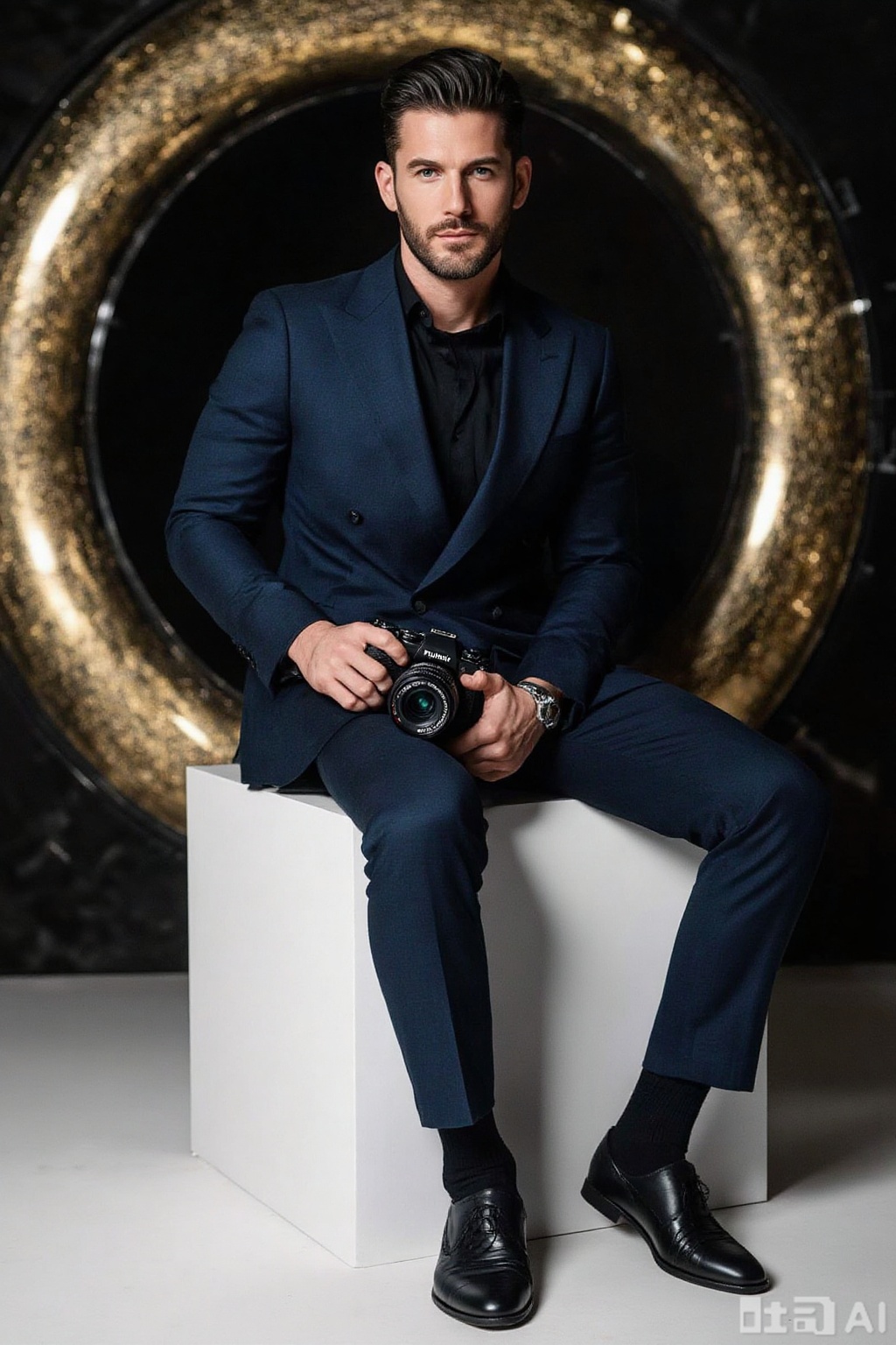 photo,A man, slicked-back black hair, rocking a navy blue suit and black shoes. He's chilling on a white cube, clutching a camera, and staring straight at the camera. Behind him, there's a massive, shiny golden black circle with a futuristic vibe.dim background.,Fujicolor GFX100 II 80mm f/4.5,film photo, background blurred,photography,realistic,film texture,real human skin,Fuji camera,xnz,omxn