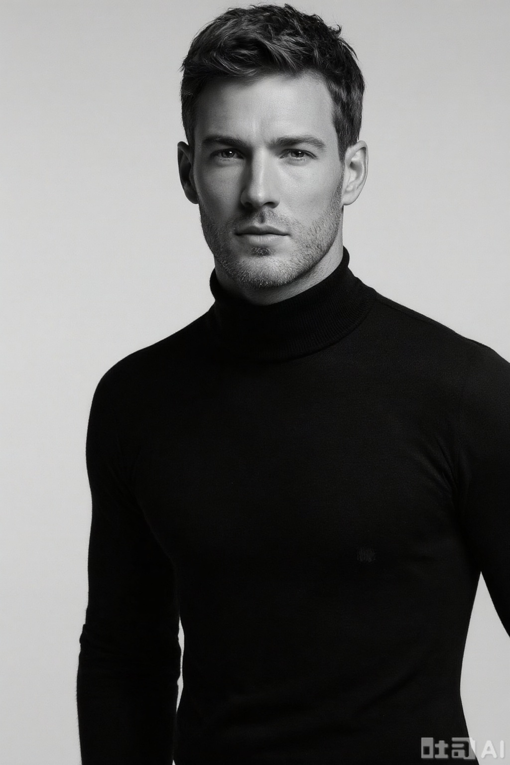 xnz,omxn, A man in a black Turtleneck, Pectoral ,close - up composition, side light highlights contours, simple and fashionable style.