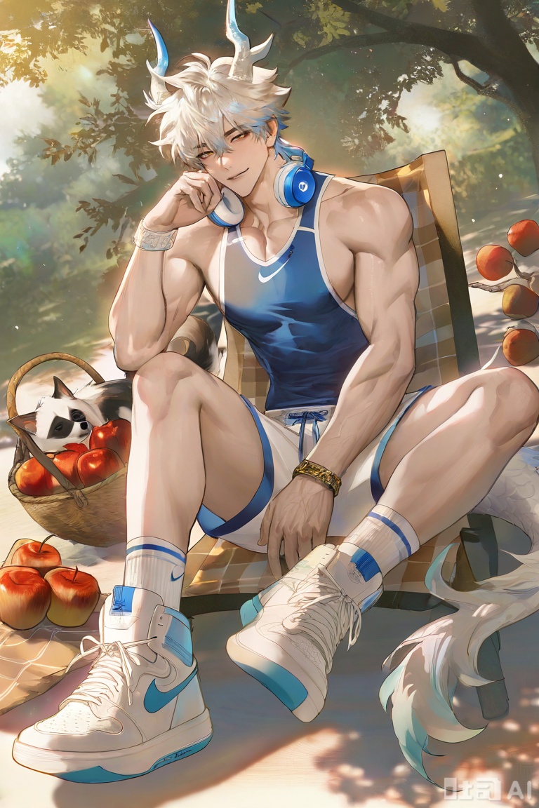 xiao zhi tiao,(artist:mazjojo:0.77),(artist:pigeon666:0.70),(artist:zawar379:0.83),(artist:remsrar:0.65),(artist:chimmyming:0.72),masterpiece,best quality,male focus,hd,4kamazing quality,very aesthetic,bust,high resolution,ultra-detailed,perfect lighting,volumetric lighting,
,
,
apple tree under camping,sunny day,dappled sunlight,warm glow,
,
boy with dog ears,dog tail,Nike white socks,
,
pet cat,cat on lap,squinting smile,relaxed posture,
,
wooden camping chair,picnic blanket,basket of apples,
,
[材质与细节],
soft furry texture,detailed dog ear tufts,smooth skin,
Nike logo detail,cat fur detail,woven blanket texture,
,
[光影层次],
rim light around hair,warm shadow under chin,
diffused sunlight on face,soft apple highlight,
,
[艺术风格],
realistic,detailed,warm color scheme,matte skin texture,
natural lighting,soft shadows,gentle shading,
,
,
xiaozhitiao,yu xuan,multicolored hair,White dragon tail,White dragon horns,sneakers,white shorts,headphones,tattoo,yellow eyes,white hair,1boy,blonde hair,bangs,white **** top,Yishu