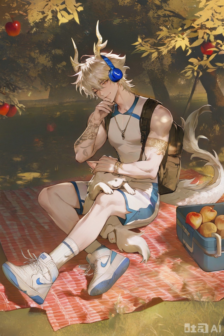 xiao zhi tiao,(artist:mazjojo:0.77),(artist:pigeon666:0.70),(artist:zawar379:0.83),(artist:remsrar:0.65),(artist:chimmyming:0.72),masterpiece,best quality,male focus,hd,4kamazing quality,very aesthetic,bust,high resolution,ultra-detailed,perfect lighting,volumetric lighting,
,
,
apple tree under camping,sunny day,dappled sunlight,warm glow,
,
boy with dog ears,dog tail,Nike white socks,
,
pet cat,cat on lap,squinting smile,relaxed posture,
,
wooden camping chair,picnic blanket,basket of apples,
,
[材质与细节],
soft furry texture,detailed dog ear tufts,smooth skin,
Nike logo detail,cat fur detail,woven blanket texture,
,
[光影层次],
rim light around hair,warm shadow under chin,
diffused sunlight on face,soft apple highlight,
,
[艺术风格],
realistic,detailed,warm color scheme,matte skin texture,
natural lighting,soft shadows,gentle shading,
,
,
xiaozhitiao,yu xuan,multicolored hair,White dragon tail,White dragon horns,sneakers,white shorts,headphones,tattoo,yellow eyes,white hair,1boy,blonde hair,bangs,white **** top,Yishu