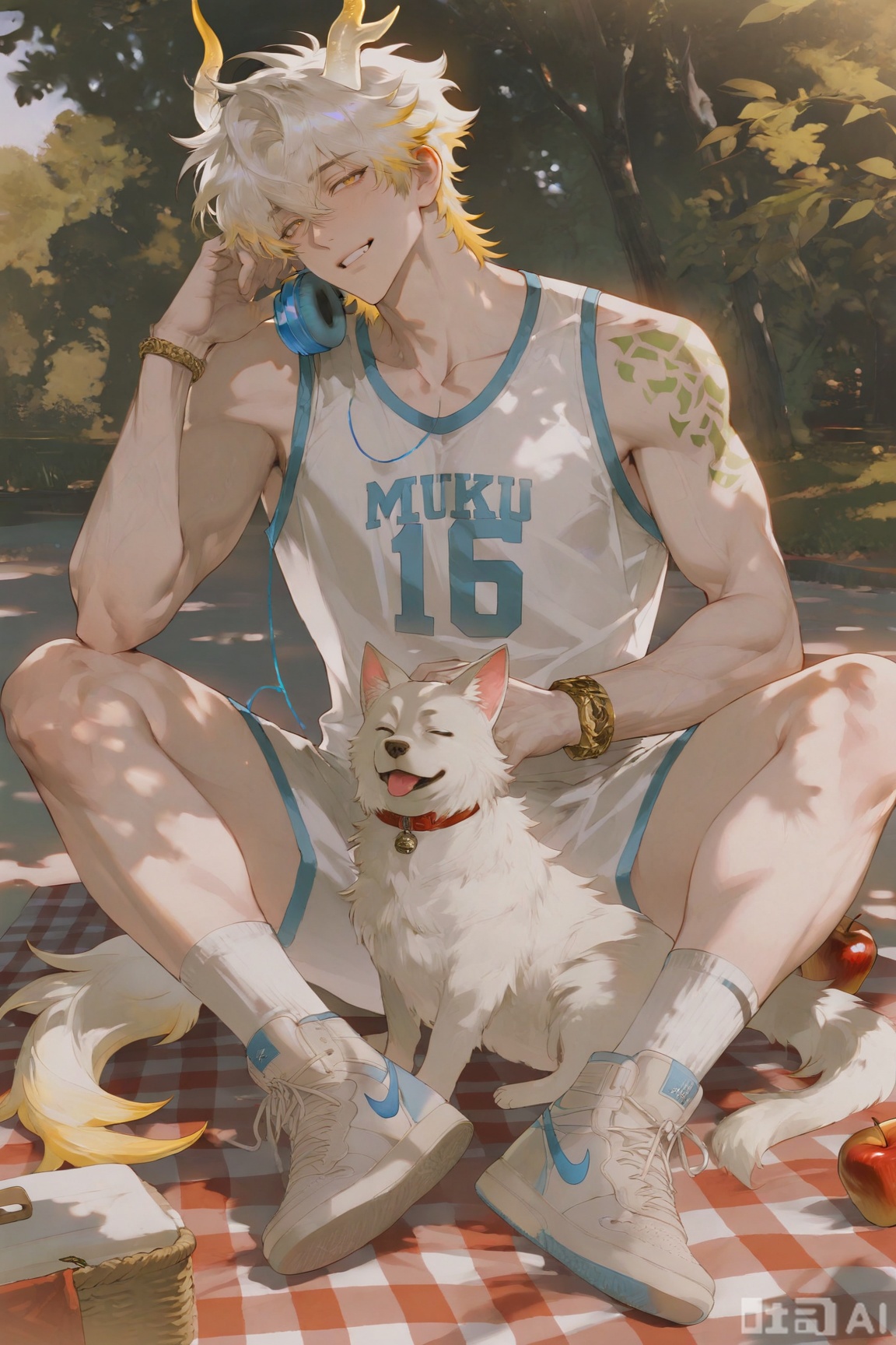 xiao zhi tiao,(artist:mazjojo:0.77),(artist:pigeon666:0.70),(artist:zawar379:0.83),(artist:remsrar:0.65),(artist:chimmyming:0.72),masterpiece,best quality,male focus,hd,4kamazing quality,very aesthetic,bust,high resolution,ultra-detailed,perfect lighting,volumetric lighting,
,
,
apple tree under camping,sunny day,dappled sunlight,warm glow,
,
boy with dog ears,dog tail,Nike white socks,
,
pet cat,cat on lap,squinting smile,relaxed posture,
,
wooden camping chair,picnic blanket,basket of apples,
,
[材质与细节],
soft furry texture,detailed dog ear tufts,smooth skin,
Nike logo detail,cat fur detail,woven blanket texture,
,
[光影层次],
rim light around hair,warm shadow under chin,
diffused sunlight on face,soft apple highlight,
,
[艺术风格],
realistic,detailed,warm color scheme,matte skin texture,
natural lighting,soft shadows,gentle shading,
,
,
xiaozhitiao,yu xuan,multicolored hair,White dragon tail,White dragon horns,sneakers,white shorts,headphones,tattoo,yellow eyes,white hair,1boy,blonde hair,bangs,white **** top,Yishu