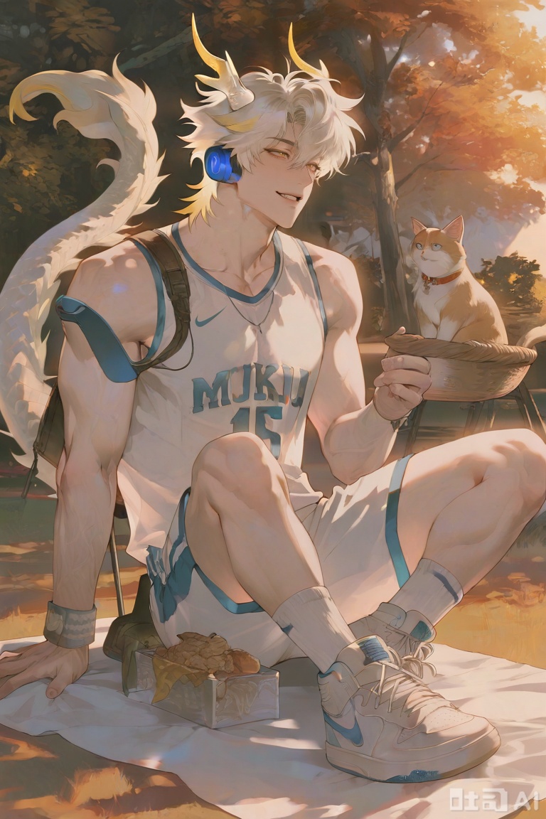 xiao zhi tiao,(artist:mazjojo:0.77),(artist:pigeon666:0.70),(artist:zawar379:0.83),(artist:remsrar:0.65),(artist:chimmyming:0.72),masterpiece,best quality,male focus,hd,4kamazing quality,very aesthetic,bust,high resolution,ultra-detailed,perfect lighting,volumetric lighting,
,
,
apple tree under camping,sunny day,dappled sunlight,warm glow,
,
boy with dog ears,dog tail,Nike white socks,
,
pet cat,cat on lap,squinting smile,relaxed posture,
,
wooden camping chair,picnic blanket,basket of apples,
,
[材质与细节],
soft furry texture,detailed dog ear tufts,smooth skin,
Nike logo detail,cat fur detail,woven blanket texture,
,
[光影层次],
rim light around hair,warm shadow under chin,
diffused sunlight on face,soft apple highlight,
,
[艺术风格],
realistic,detailed,warm color scheme,matte skin texture,
natural lighting,soft shadows,gentle shading,
,
,
xiaozhitiao,yu xuan,multicolored hair,White dragon tail,White dragon horns,sneakers,white shorts,headphones,tattoo,yellow eyes,white hair,1boy,blonde hair,bangs,white **** top,Yishu