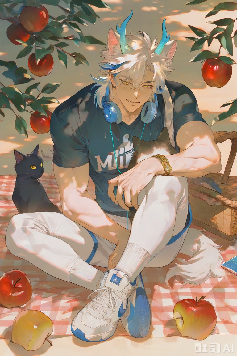xiao zhi tiao,(artist:mazjojo:0.77),(artist:pigeon666:0.70),(artist:zawar379:0.83),(artist:remsrar:0.65),(artist:chimmyming:0.72),masterpiece,best quality,male focus,hd,4kamazing quality,very aesthetic,bust,high resolution,ultra-detailed,perfect lighting,volumetric lighting,
,
,
apple tree under camping,sunny day,dappled sunlight,warm glow,
,
boy with dog ears,dog tail,Nike white socks,
,
pet cat,cat on lap,squinting smile,relaxed posture,
,
wooden camping chair,picnic blanket,basket of apples,
,
[材质与细节],
soft furry texture,detailed dog ear tufts,smooth skin,
Nike logo detail,cat fur detail,woven blanket texture,
,
[光影层次],
rim light around hair,warm shadow under chin,
diffused sunlight on face,soft apple highlight,
,
[艺术风格],
realistic,detailed,warm color scheme,matte skin texture,
natural lighting,soft shadows,gentle shading,
,
,
xiaozhitiao,yu xuan,multicolored hair,White dragon tail,White dragon horns,sneakers,white shorts,headphones,tattoo,yellow eyes,white hair,1boy,blonde hair,bangs,white **** top,Yishu