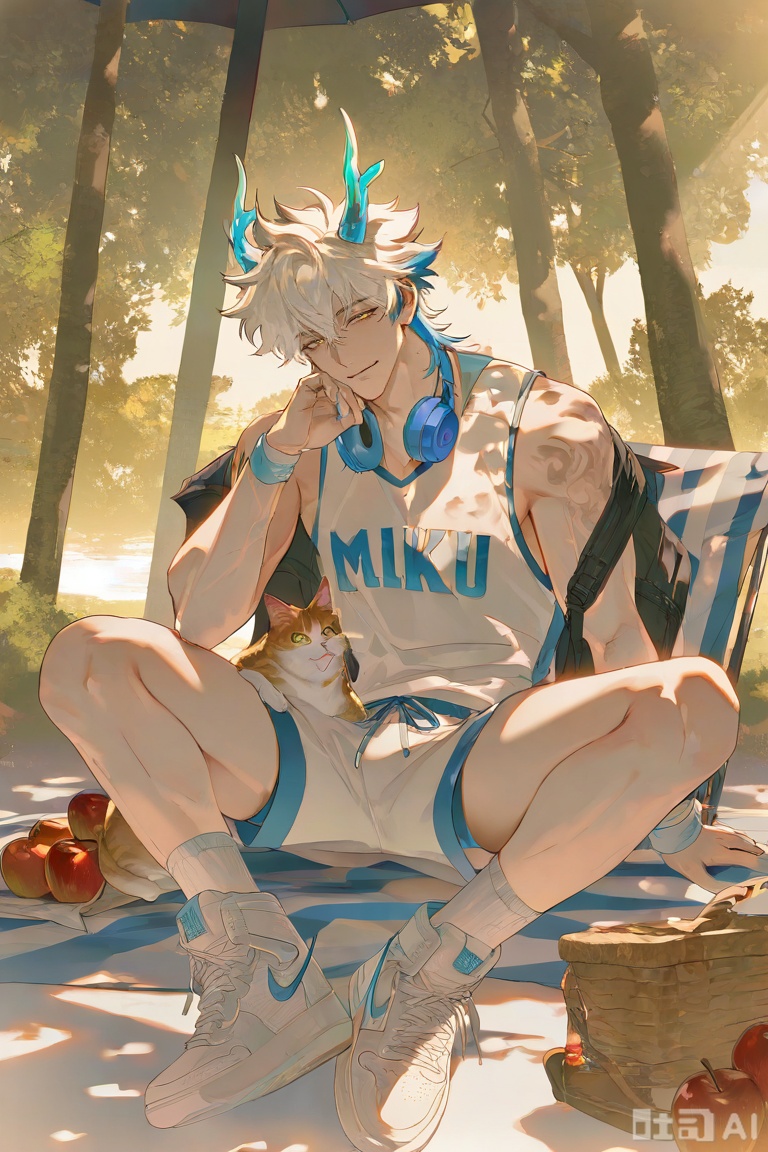 xiao zhi tiao,(artist:mazjojo:0.77),(artist:pigeon666:0.70),(artist:zawar379:0.83),(artist:remsrar:0.65),(artist:chimmyming:0.72),masterpiece,best quality,male focus,hd,4kamazing quality,very aesthetic,bust,high resolution,ultra-detailed,perfect lighting,volumetric lighting,
,
,
apple tree under camping,sunny day,dappled sunlight,warm glow,
,
boy with dog ears,dog tail,Nike white socks,
,
pet cat,cat on lap,squinting smile,relaxed posture,
,
wooden camping chair,picnic blanket,basket of apples,
,
[材质与细节],
soft furry texture,detailed dog ear tufts,smooth skin,
Nike logo detail,cat fur detail,woven blanket texture,
,
[光影层次],
rim light around hair,warm shadow under chin,
diffused sunlight on face,soft apple highlight,
,
[艺术风格],
realistic,detailed,warm color scheme,matte skin texture,
natural lighting,soft shadows,gentle shading,
,
,
xiaozhitiao,yu xuan,multicolored hair,White dragon tail,White dragon horns,sneakers,white shorts,headphones,tattoo,yellow eyes,white hair,1boy,blonde hair,bangs,white **** top,Yishu