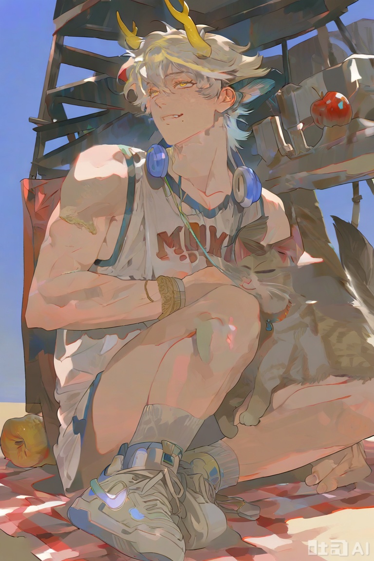 xiao zhi tiao,(artist:mazjojo:0.77),(artist:pigeon666:0.70),(artist:zawar379:0.83),(artist:remsrar:0.65),(artist:chimmyming:0.72),masterpiece,best quality,male focus,hd,4kamazing quality,very aesthetic,bust,high resolution,ultra-detailed,perfect lighting,volumetric lighting,
,
,
apple tree under camping,sunny day,dappled sunlight,warm glow,
,
boy with dog ears,dog tail,Nike white socks,
,
pet cat,cat on lap,squinting smile,relaxed posture,
,
wooden camping chair,picnic blanket,basket of apples,
,
[材质与细节],
soft furry texture,detailed dog ear tufts,smooth skin,
Nike logo detail,cat fur detail,woven blanket texture,
,
[光影层次],
rim light around hair,warm shadow under chin,
diffused sunlight on face,soft apple highlight,
,
[艺术风格],
realistic,detailed,warm color scheme,matte skin texture,
natural lighting,soft shadows,gentle shading,
,
,
xiaozhitiao,yu xuan,multicolored hair,White dragon tail,White dragon horns,sneakers,white shorts,headphones,tattoo,yellow eyes,white hair,1boy,blonde hair,bangs,white **** top,Yishu