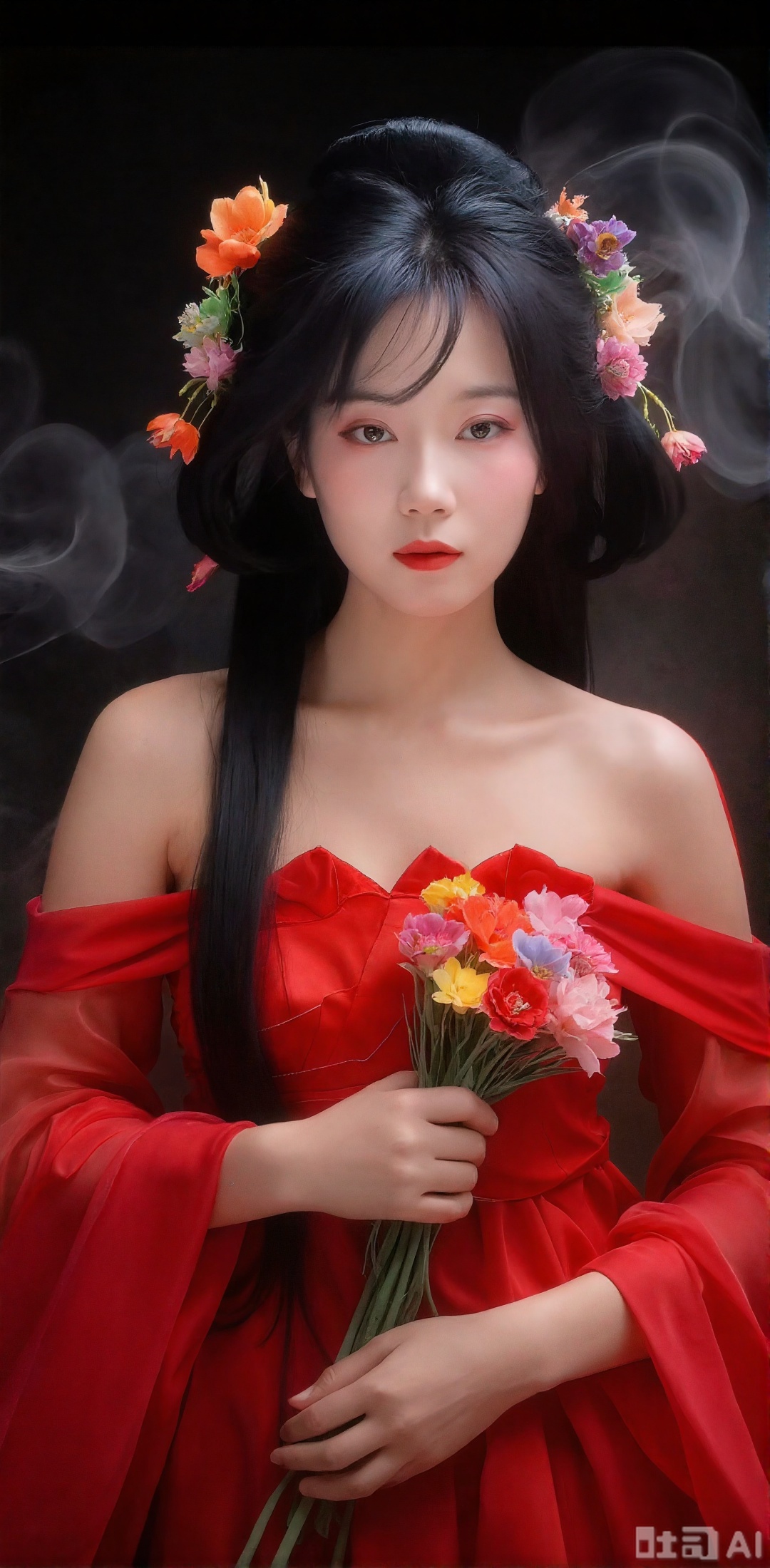 Mature women, red wedding costumes, red veils, loose and plump Cyber garbled data, dark horror elements, crazy twisted postures Top light and shadow logic, top material details, top color grading, dynamic blur Chinese myth flower demon Xuner, black myth, art photo, realistic ultra-high definition, gorgeous and complex flower hair accessories, background with colorful flowers, weird and gorgeous atmosphere, real skin texture, rich sense, artistic photos, realistic, master, masterpiece, 1 movie texture, ultra-high definition, art blockbuster. The background is made of stream of consciousness smoke. The long-haired woman holds flowers. The luxury fashion design is designed with flowers, birds and plants as the theme to create textured clothing design, clear organizational structure,