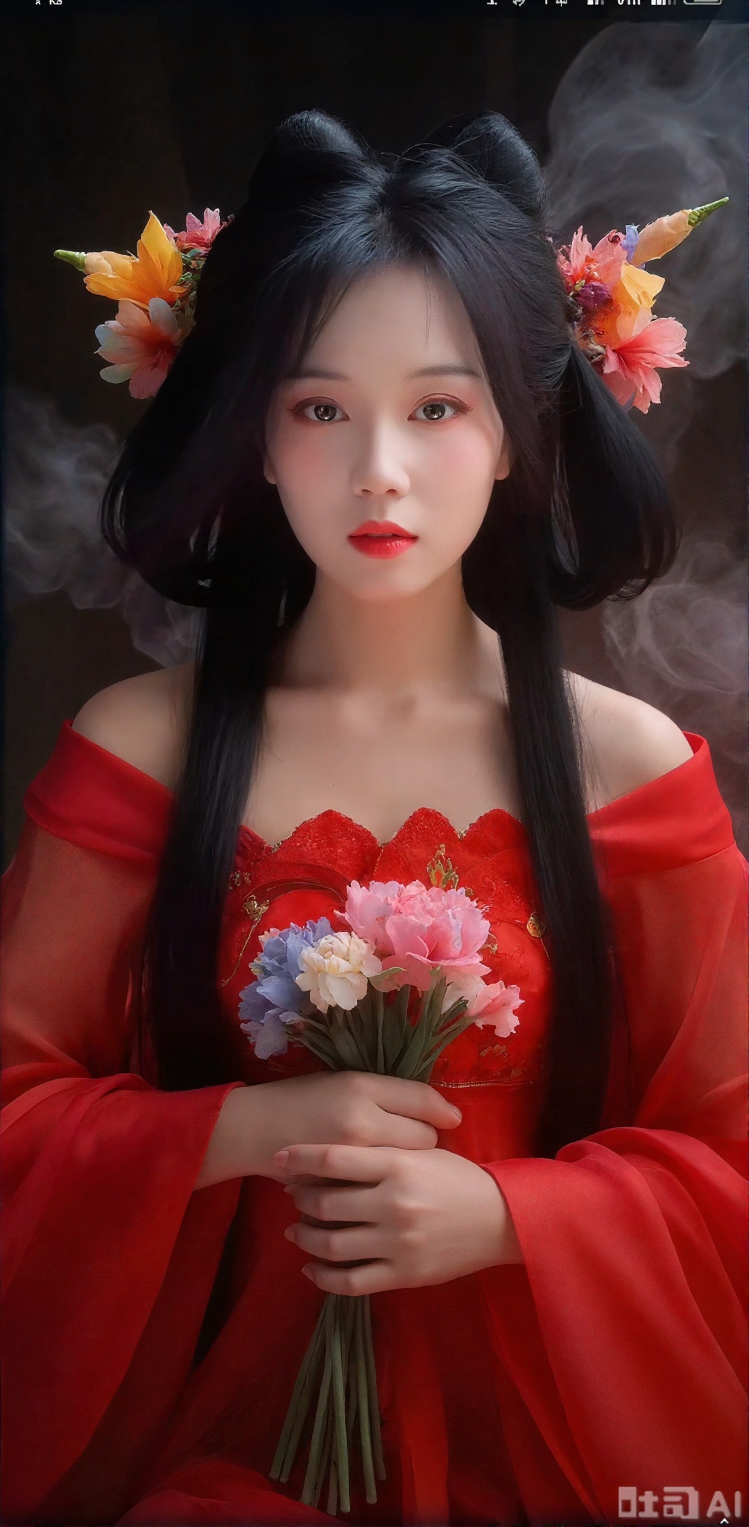 Mature women, red wedding costumes, red veils, loose and plump Cyber garbled data, dark horror elements, crazy twisted postures Top light and shadow logic, top material details, top color grading, dynamic blur Chinese myth flower demon Xuner, black myth, art photo, realistic ultra-high definition, gorgeous and complex flower hair accessories, background with colorful flowers, weird and gorgeous atmosphere, real skin texture, rich sense, artistic photos, realistic, master, masterpiece, 1 movie texture, ultra-high definition, art blockbuster. The background is made of stream of consciousness smoke. The long-haired woman holds flowers. The luxury fashion design is designed with flowers, birds and plants as the theme to create textured clothing design, clear organizational structure,
