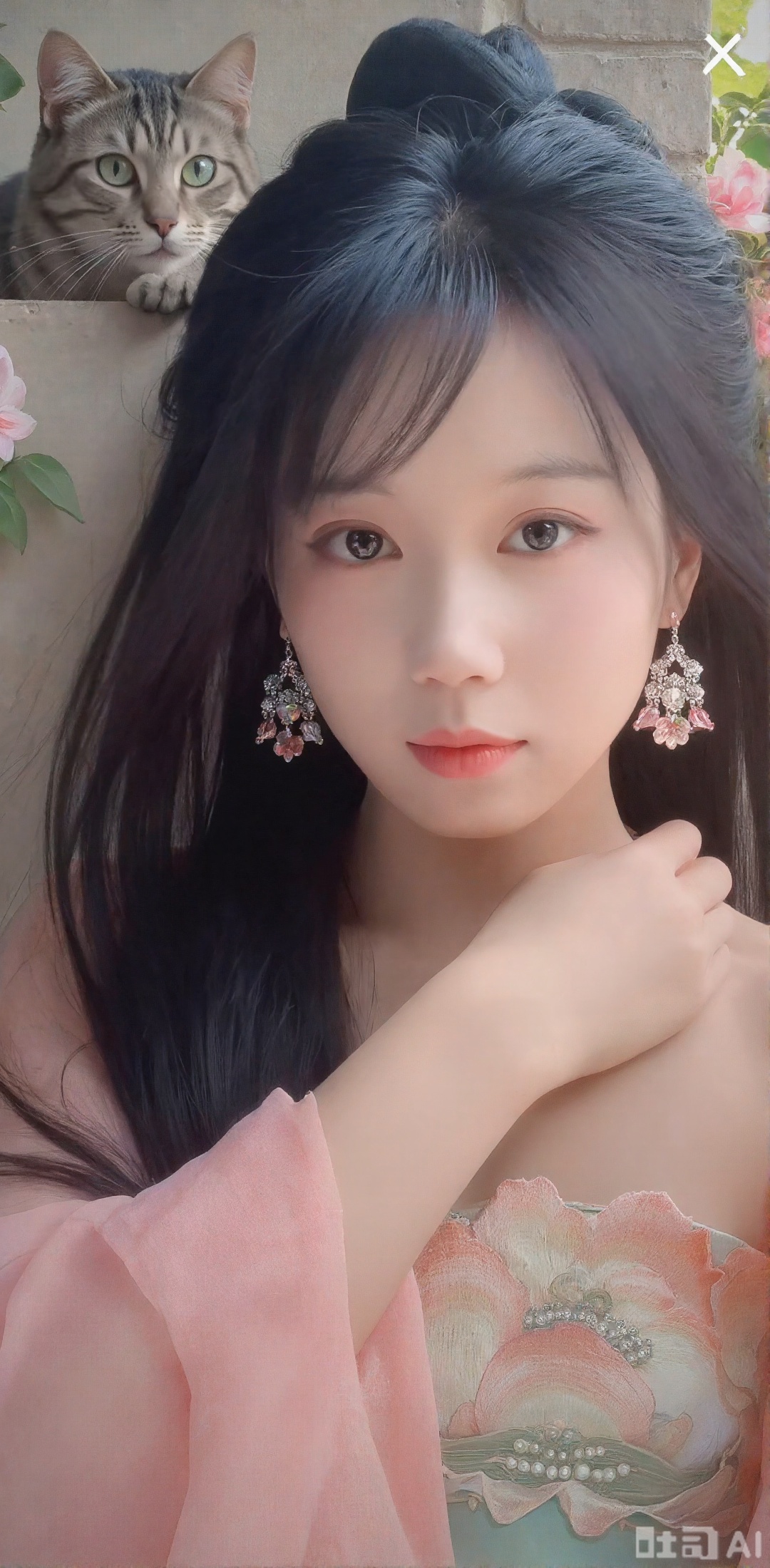 Dark long hair, flower jewelry, ancient style women, two-dimensional realistic style, CG illustration style, hazy artistic conception, high-end elegance, high-definition, soft light, delicate hair, exquisite thick coating, ultra-clear picture quality, master's works decoration, light color yarn woven Hanfu, sticking out from the wall full of flowers, lying on the wall, looking at the camera, a cat on the wall