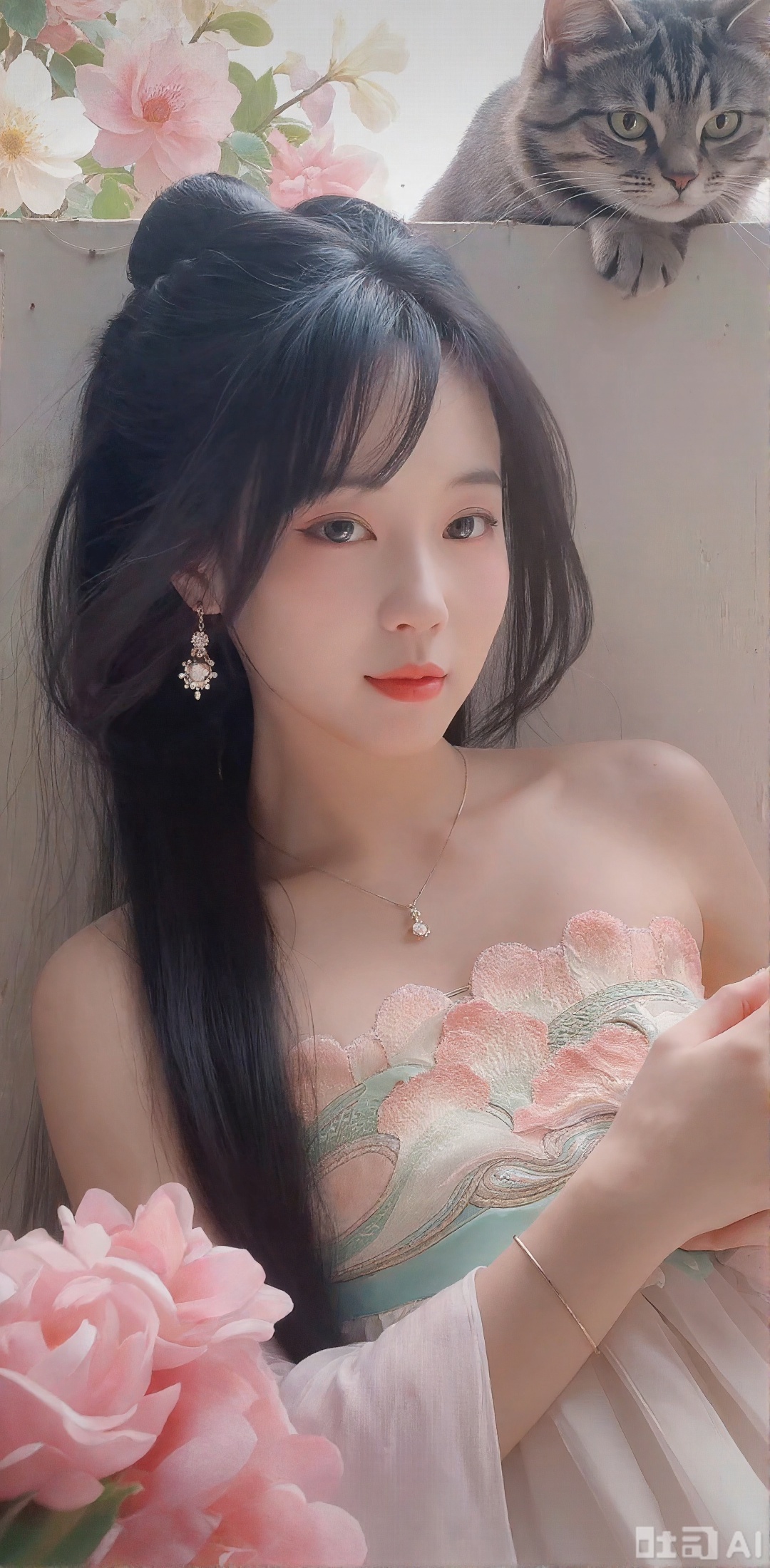 Dark long hair, flower jewelry, ancient style women, two-dimensional realistic style, CG illustration style, hazy artistic conception, high-end elegance, high-definition, soft light, delicate hair, exquisite thick coating, ultra-clear picture quality, master's works decoration, light color yarn woven Hanfu, sticking out from the wall full of flowers, lying on the wall, looking at the camera, a cat on the wall