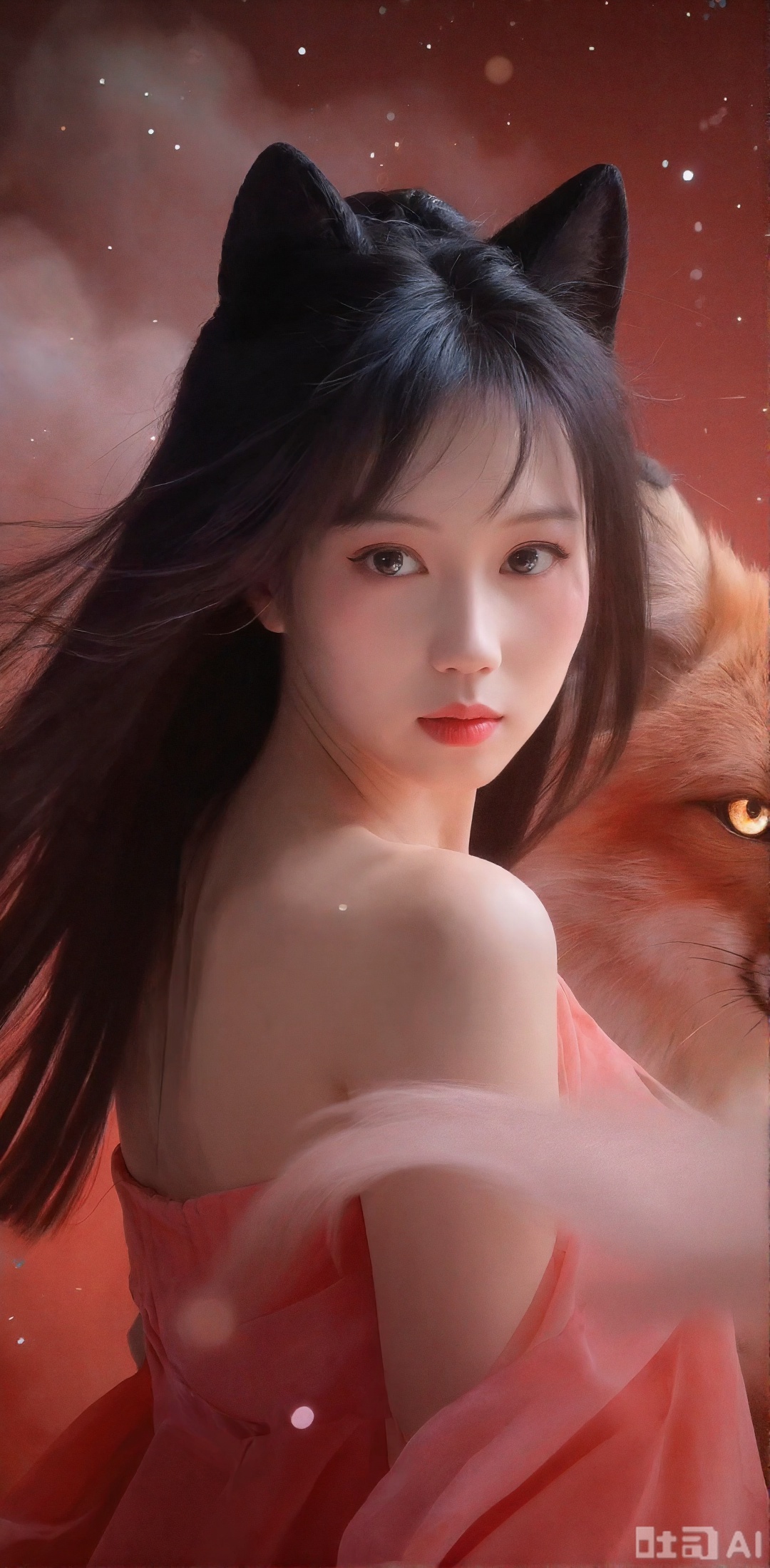 Real ancient style photography, cold and beautiful fox demon girl, black flying hair, brilliant eyes of the galaxy, flowing clouds and flowing water and thousands of star exhibitions, fantastic and ethereal fox ears, master works, national style, warm colors, psychedelic, dispersed gradient, layering, dreamy, beautiful light and shadow, high angle shooting, romantic ancient style, movie light, biology glow, prosperous Tang Dynasty atmosphere, gorgeous and stunning atmosphere with romantic sense, noble and elegant, cinnabar red tone, huge nine-tailed heavenly fox guarding beside you. Real scenes, real characters. Long-range shots, long-range shots, the characters are in the center.