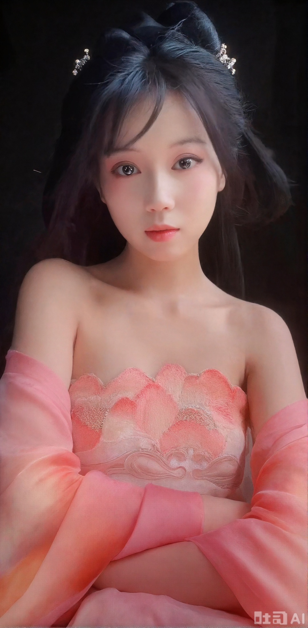Ancient beauty, 3D game characters, surrealism, super clear human material feeling. Rich in color. High contrast, high color. , high-level sense, beautiful woman with high contrast, delicate facial features, mature, cold and cold, divine, fairy-like, movie-level light and shadow effect, super light and shadow atmosphere, big eyes, phoenix eyes. Exquisite makeup, shiny and charming. Delicate hair accessories with hair. Wear a pink long skirt with gradient peach branches and pattern, and a gradient pink silk cover is used to carry the arms. Take a full body image. The woman looks at the camera, with affectionate