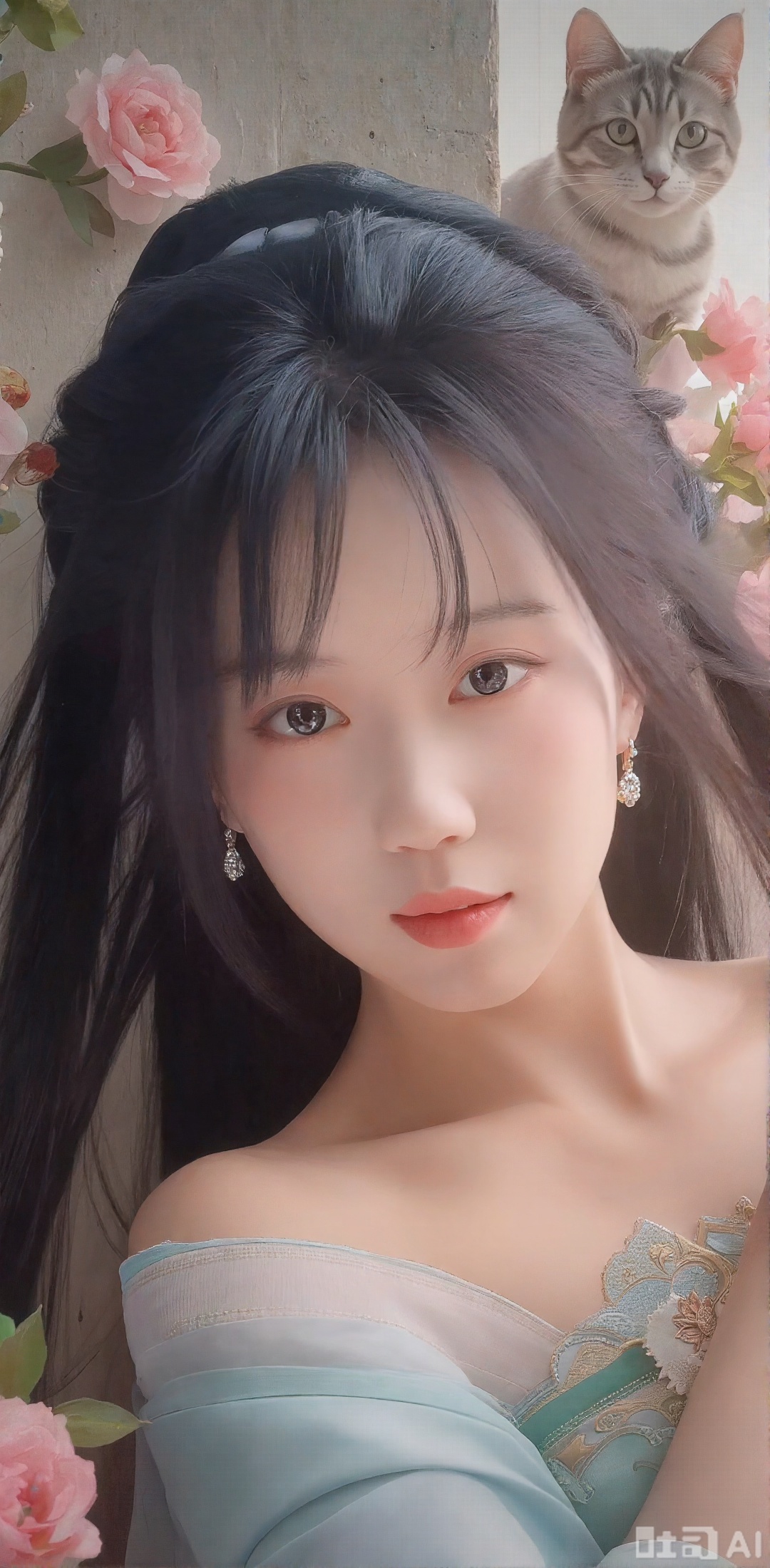 Dark long hair, flower jewelry, ancient style women, two-dimensional realistic style, CG illustration style, hazy artistic conception, high-end elegance, high-definition, soft light, delicate hair, exquisite thick coating, ultra-clear picture quality, master's works decoration, light color yarn woven Hanfu, sticking out from the wall full of flowers, lying on the wall, looking at the camera, a cat on the wall