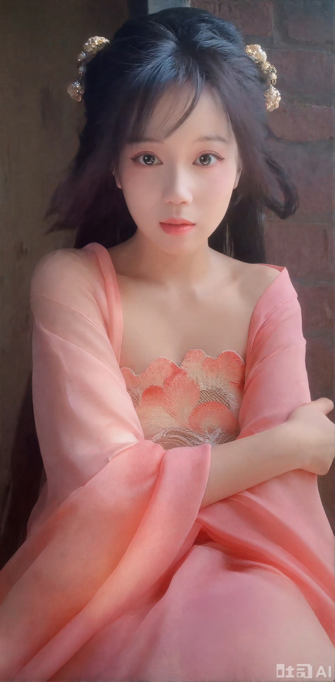 Ancient beauty, 3D game characters, surrealism, super clear human material feeling. Rich in color. High contrast, high color. , high-level sense, beautiful woman with high contrast, delicate facial features, mature, cold and cold, divine, fairy-like, movie-level light and shadow effect, super light and shadow atmosphere, big eyes, phoenix eyes. Exquisite makeup, shiny and charming. Delicate hair accessories with hair. Wear a pink long skirt with gradient peach branches and pattern, and a gradient pink silk cover is used to carry the arms. Take a full body image. The woman looks at the camera, with affectionate