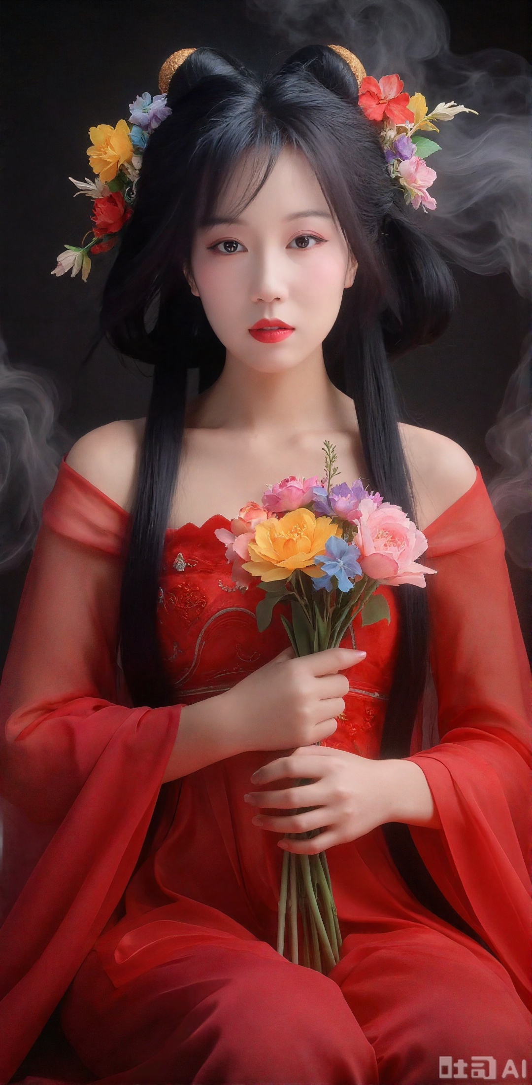 Mature women, red wedding costumes, red veils, loose and plump Cyber garbled data, dark horror elements, crazy twisted postures Top light and shadow logic, top material details, top color grading, dynamic blur Chinese myth flower demon Xuner, black myth, art photo, realistic ultra-high definition, gorgeous and complex flower hair accessories, background with colorful flowers, weird and gorgeous atmosphere, real skin texture, rich sense, artistic photos, realistic, master, masterpiece, 1 movie texture, ultra-high definition, art blockbuster. The background is made of stream of consciousness smoke. The long-haired woman holds flowers. The luxury fashion design is designed with flowers, birds and plants as the theme to create textured clothing design, clear organizational structure,
