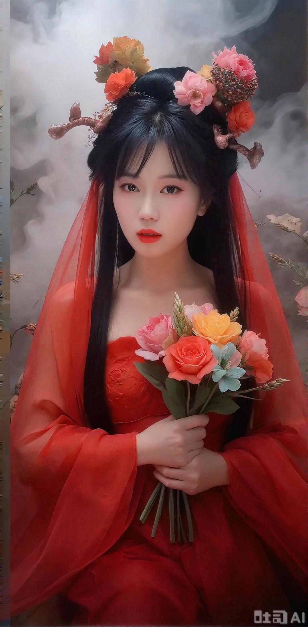 Mature women, red wedding costumes, red veils, loose and plump Cyber garbled data, dark horror elements, crazy twisted postures Top light and shadow logic, top material details, top color grading, dynamic blur Chinese myth flower demon Xuner, black myth, art photo, realistic ultra-high definition, gorgeous and complex flower hair accessories, background with colorful flowers, weird and gorgeous atmosphere, real skin texture, rich sense, artistic photos, realistic, master, masterpiece, 1 movie texture, ultra-high definition, art blockbuster. The background is made of stream of consciousness smoke. The long-haired woman holds flowers. The luxury fashion design is designed with flowers, birds and plants as the theme to create textured clothing design, clear organizational structure,