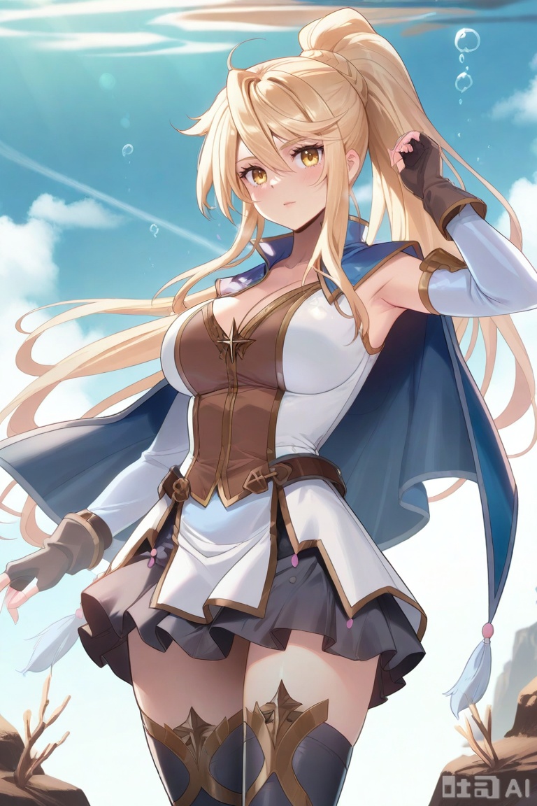 1girl,solo, yellow eyes, blonde hair,ponytail, blue cape,white shirt, black skirt,detached sleeves, fingerless gloves,black thighhighs, long hair, breasts, looking at viewer, bangs, skirt, blonde hair, large breasts, thighhighs, gloves, long sleeves, dress, cleavage, hair between eyes, bare shoulders, very long hair, yellow eyes, ponytail,  sidelocks, pleated skirt,detached sleeves, belt,  black thighhighs,  miniskirt,  black skirt,blue cape,姜青娥