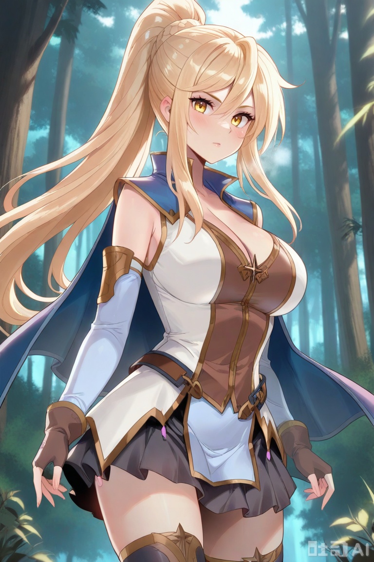 1girl,solo, yellow eyes, blonde hair,ponytail, blue cape,white shirt, black skirt,detached sleeves, fingerless gloves,black thighhighs, long hair, breasts, looking at viewer, bangs, skirt, blonde hair, large breasts, thighhighs, gloves, long sleeves, dress, cleavage, hair between eyes, bare shoulders, very long hair, yellow eyes, ponytail,  sidelocks, pleated skirt,detached sleeves, belt,  black thighhighs,  miniskirt,  black skirt,blue cape,姜青娥