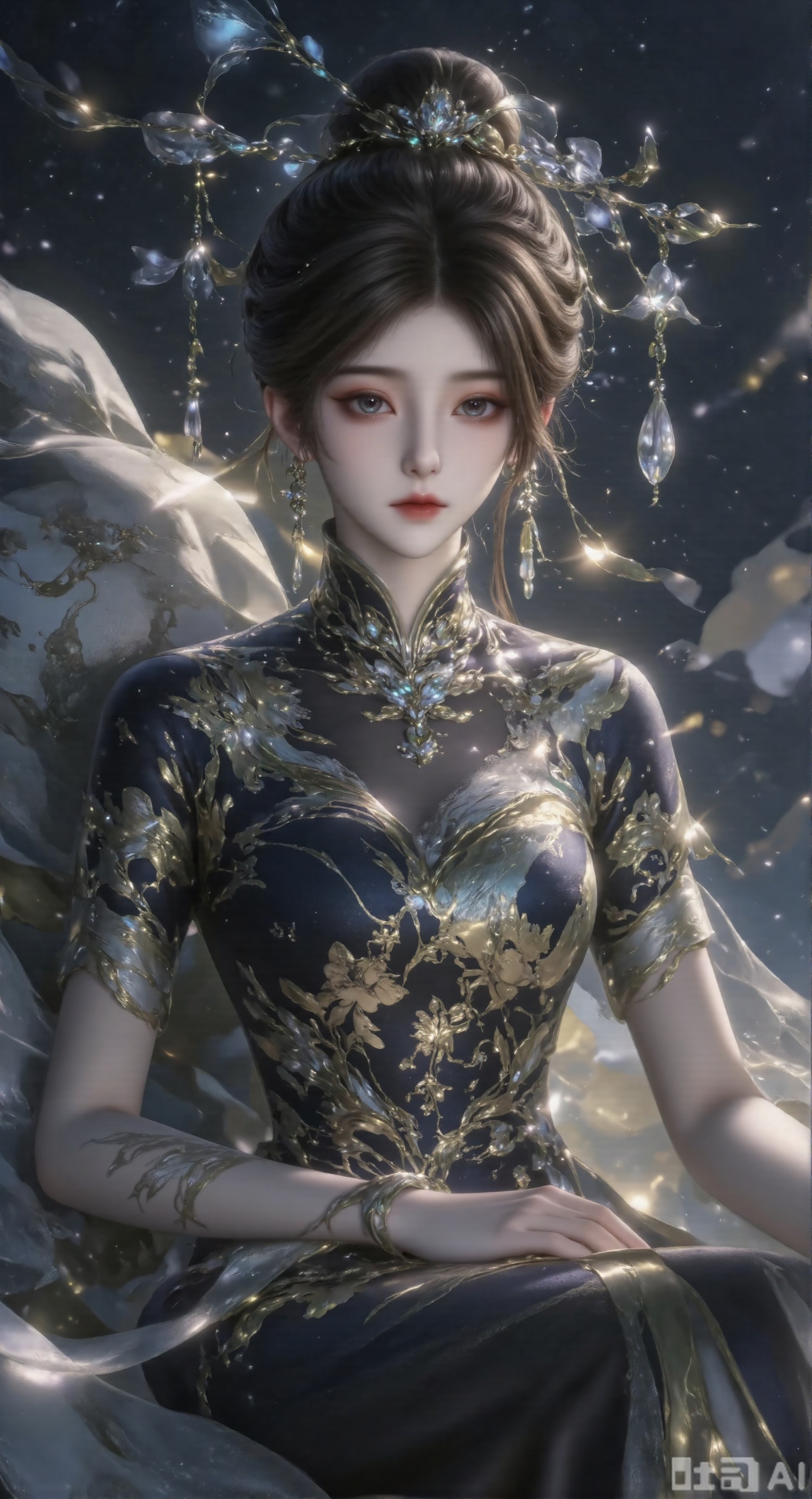 This painting depicts a quiet and elegant scene, in which a young woman is wearing a cheongsam. Her head rested on the stone. Her costume design is complex, featuring exquisite embroidery and light and elegant black fabrics. Her hair is combed into a delicate ball head, and gorgeous Hairpin is used to increase the overall elegance and exquisiteness. The background is soft and fuzzy, and the dreamy black background enhances the quiet atmosphere of the scene, with bright and clearly visible portraits.There is only one Hairpin.