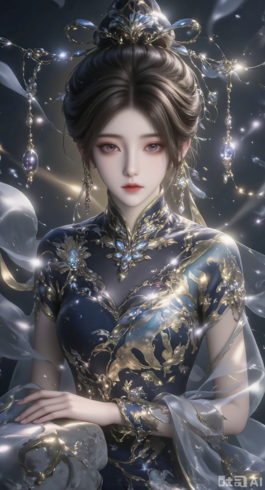 This painting depicts a quiet and elegant scene, in which a young woman is wearing a cheongsam. Her head rested on the stone. Her costume design is complex, featuring exquisite embroidery and light and elegant black fabrics. Her hair is combed into a delicate ball head, and gorgeous Hairpin is used to increase the overall elegance and exquisiteness. The background is soft and fuzzy, and the dreamy black background enhances the quiet atmosphere of the scene, with bright and clearly visible portraits.There is only one Hairpin.