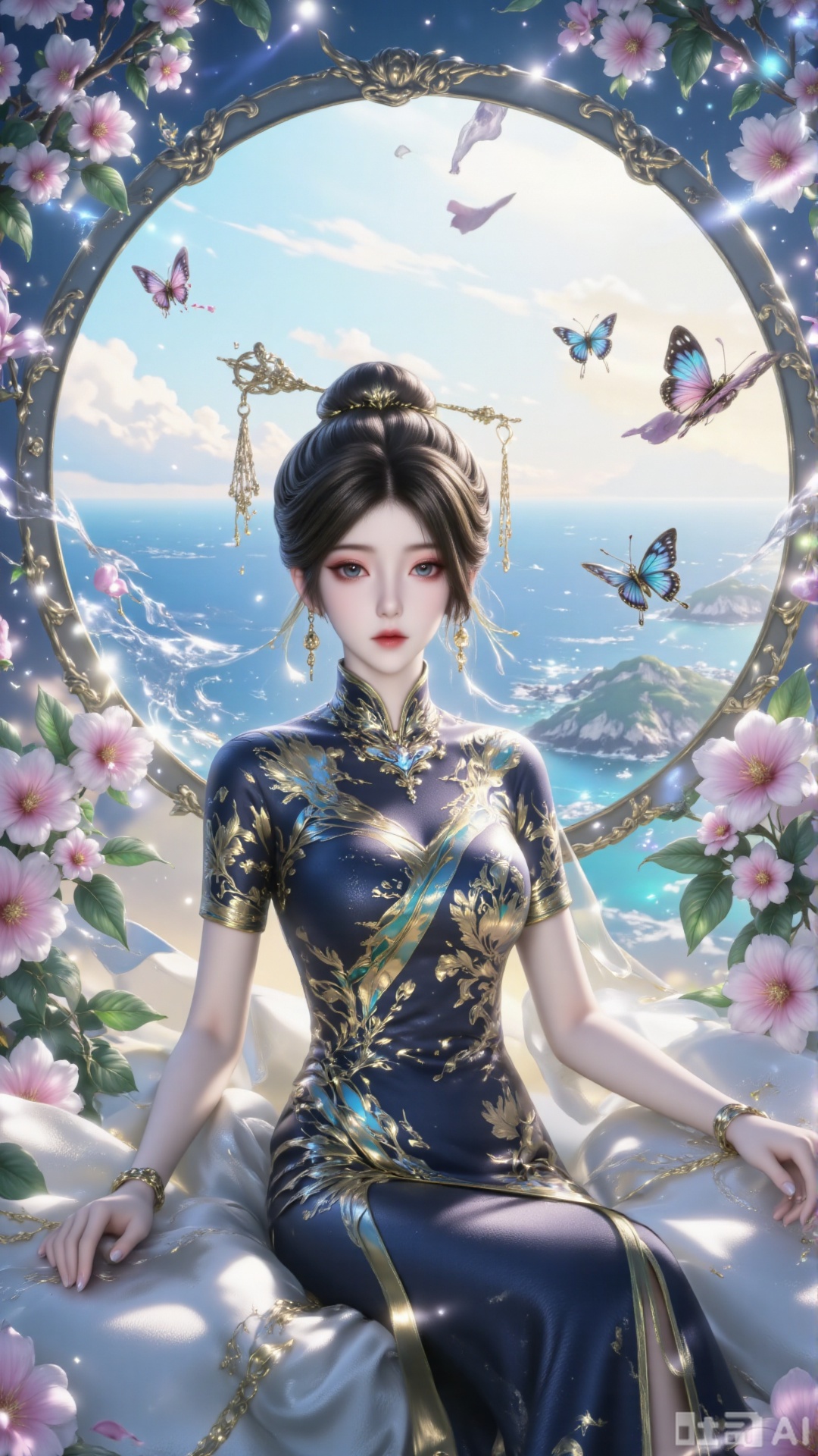 This painting depicts a quiet and ethereal scene. A young woman is wearing an elegant black cheongsam dress decorated with exquisite gold embroidery. She wears black hair with a ball head and a pink loving key hairpin on her head, which complements the natural beauty of the background. She sat on a stone, turned her back slightly to the audience and stared at the quiet sea view. The background is a huge round mirror, reflecting the ocean and sky, surrounded by blooming flowers. Butterflies of various colors are flying around her, adding movement and vitality to the quiet scene. The overall atmosphere is peaceful and dreamy, the lighting is soft, and the colors and details are almost magical.A girl, cheongsam, ball head, bangs, hair accessories, keys, earrings, bracelets, blue and black eyes, necklaces, jewelry.