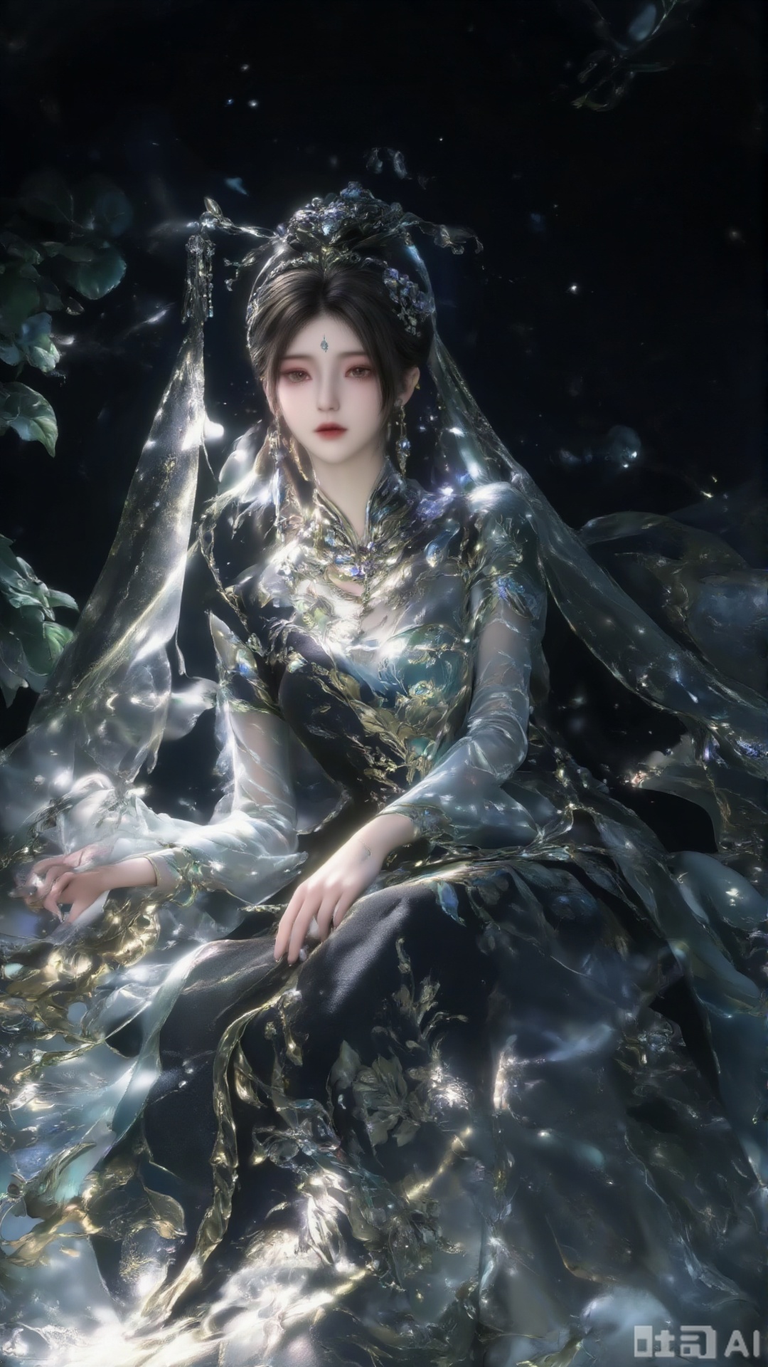 This painting depicts a quiet and elegant scene, in which a young woman is wearing a cheongsam. She was lying on a textured stone with her head resting on it. Her costume design is complex, featuring exquisite embroidery and light and elegant black fabrics. Her hair is combed into a delicate ball head, and gorgeous Hairpin is used to increase the overall elegance and exquisiteness. The background is soft and fuzzy, and the dreamy black background enhances the quiet atmosphere of the scene, with bright and clearly visible portraits.